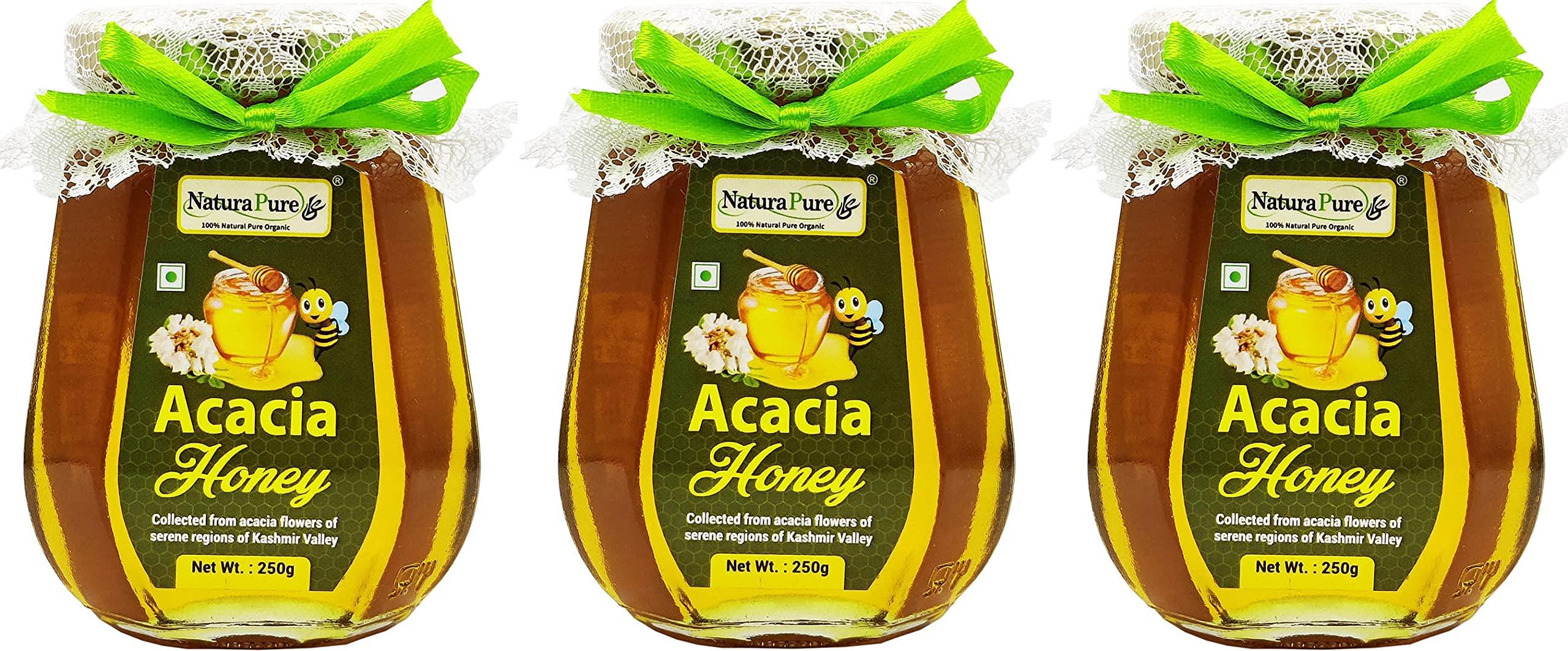 NATURAPURE LS Naturapure ls Acacia Flower Wild Forest Honey |100% Pure Honey Raw Natural Un-Processed,Un-Heated Honey | Pure and Natural Delight for Health and Taste | Lab Tested in Glass Jar-250gm X 3