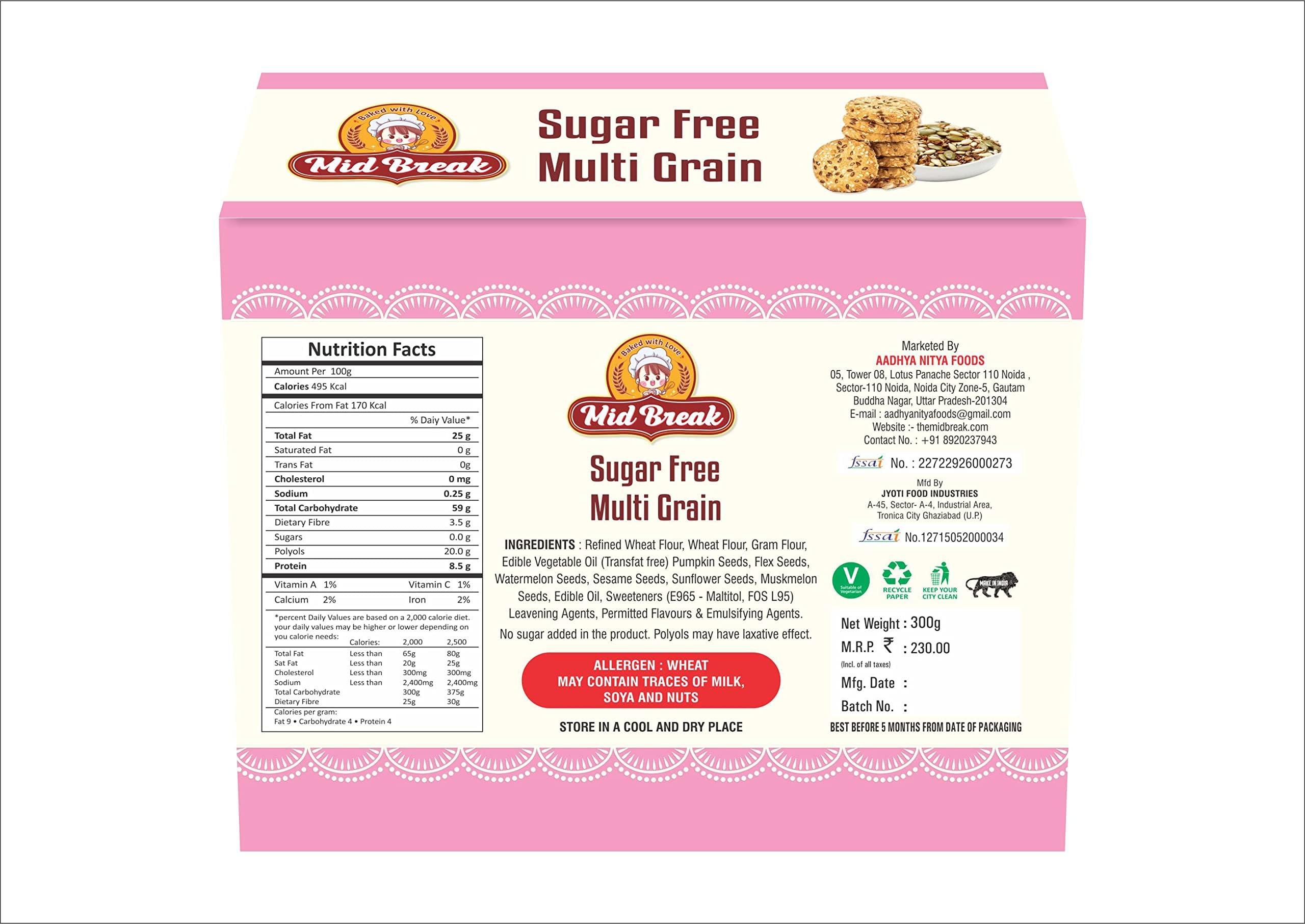 Mid Break MidBreak - Sugar Free Multigrain Cookies | Multigrain Biscuits | Sugar Free Multigrain Biscuits | Premium Handmade Cookies | 300 Gm | Pack of 1
