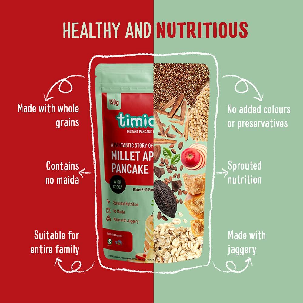 Timios Timios Organic No Maida Millet Pancake Mix-Apple with Cocoa|Made with Whole Grains, Jaggery and Sprouted Nutrition| Instant and Healthy Breakfast,300gm