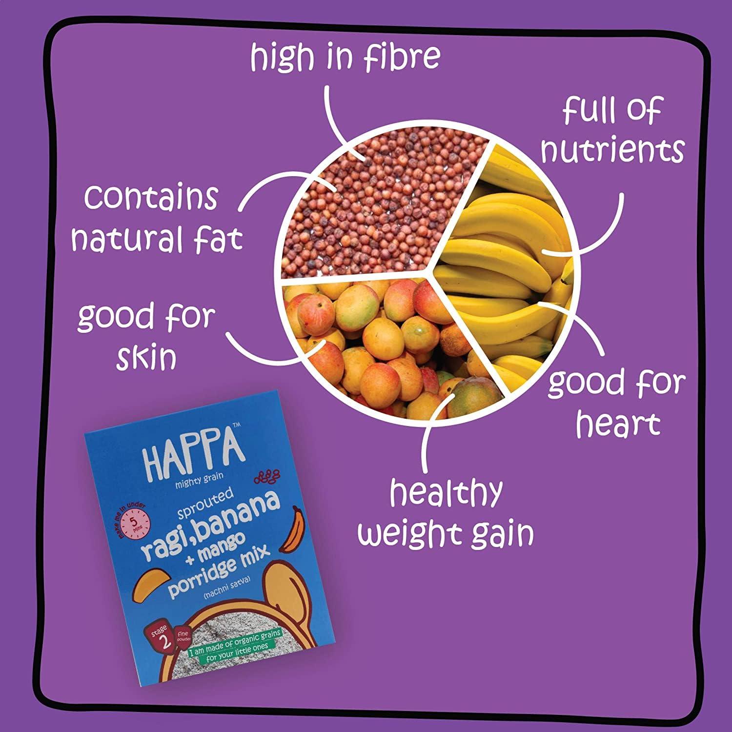 HAPPA Happa Organic Baby Food Sprouted Ragi, Mango and Banana Cereal Mix Porridge | Calcium Booster - Bone Strength | 100% Natural, Organic Khichdi | No Added Salt, Sugar or Milk | No preservatives | 200gm