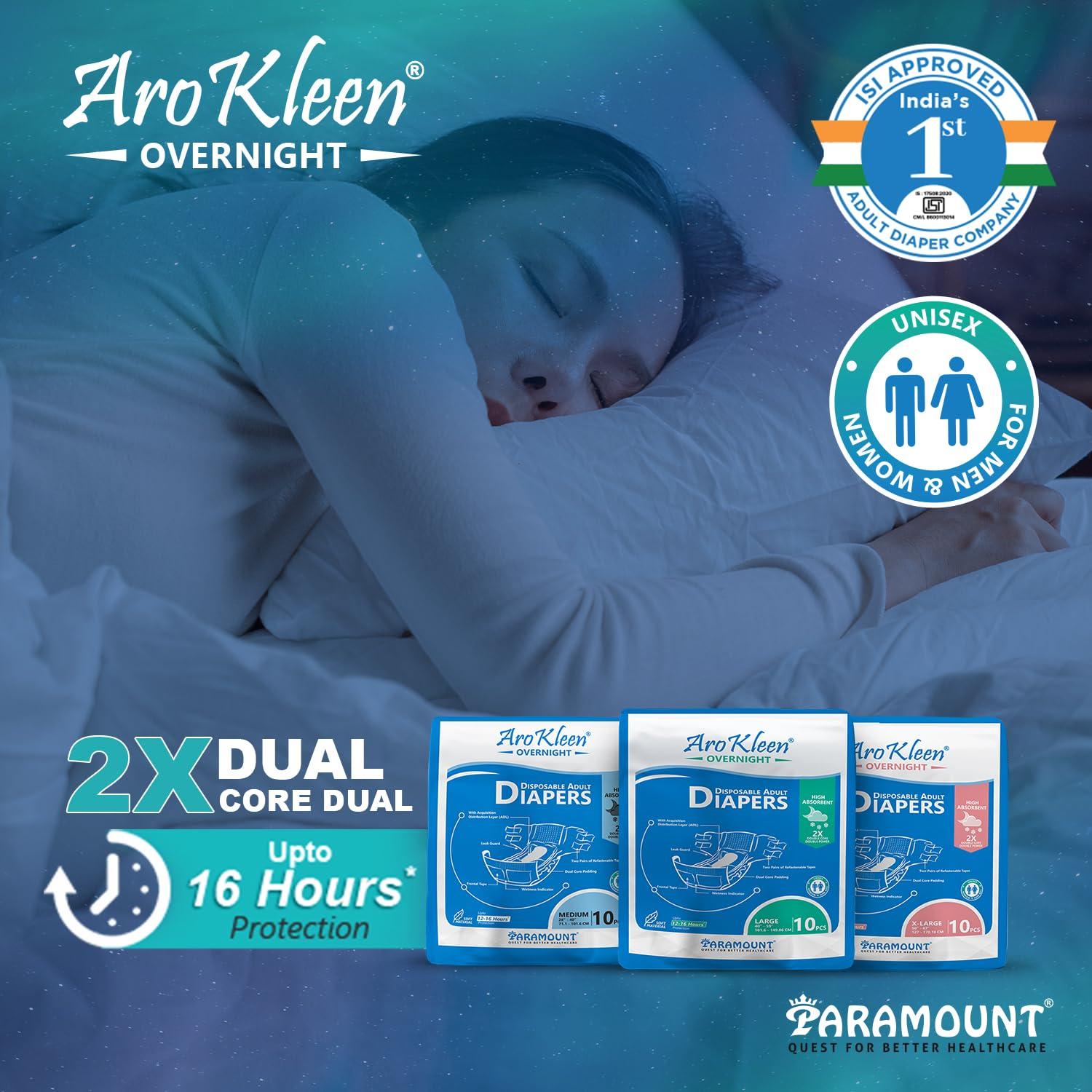 Aro Kleen Aro Kleen 2X Overnight 60 Count Adult Diapers Tape Style|Medium(M)|Waist Size 71-101 Cm(28"- 44")|16 Hr Absorption Protection|Unisex|Leak Proof|Wetness Indicator- Pack Of 6