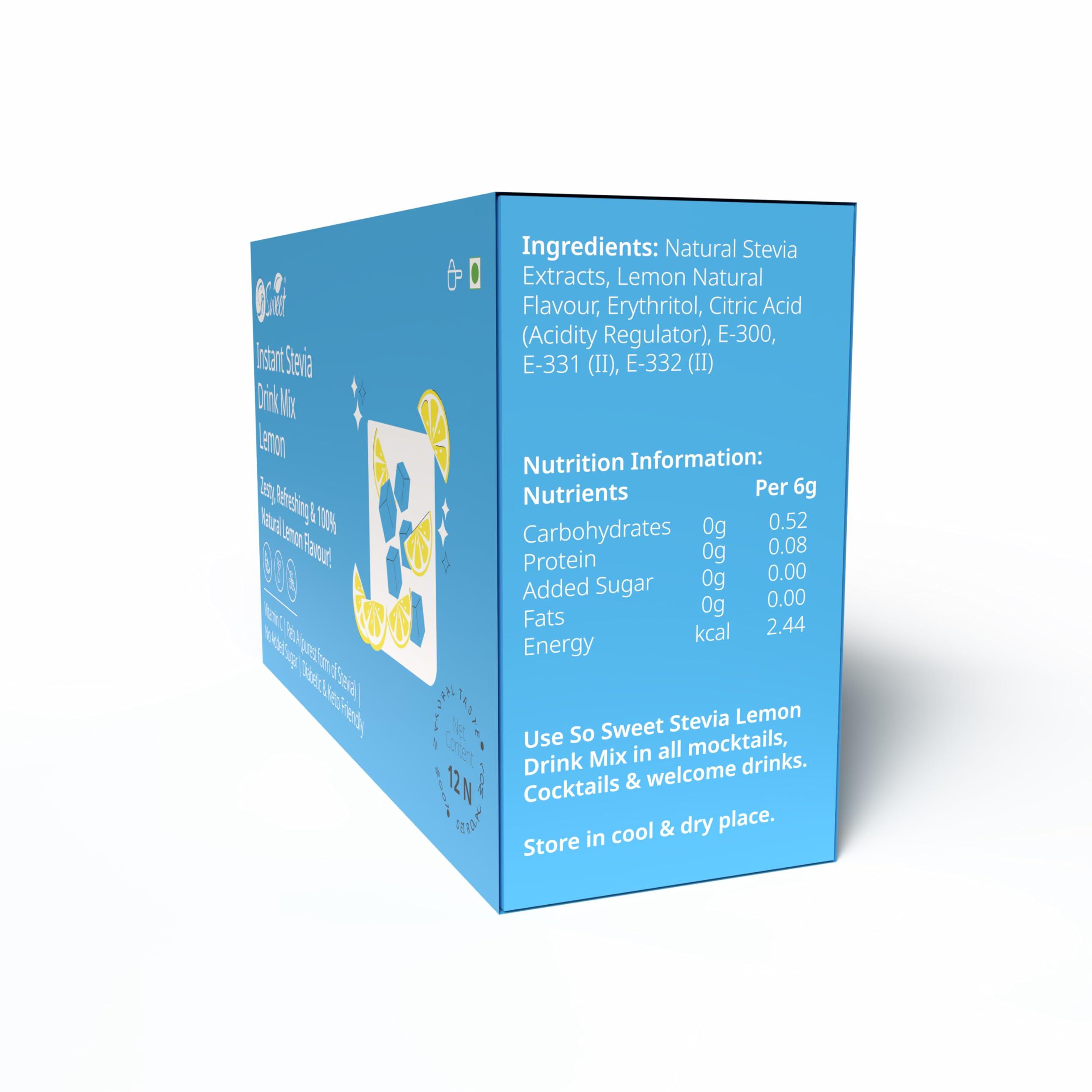 So sweet So Sweet Stevia Lemon Instant Drink Mix Sugar Free | Zero Calories| Enrich with Vitamin C | 12 Sachets