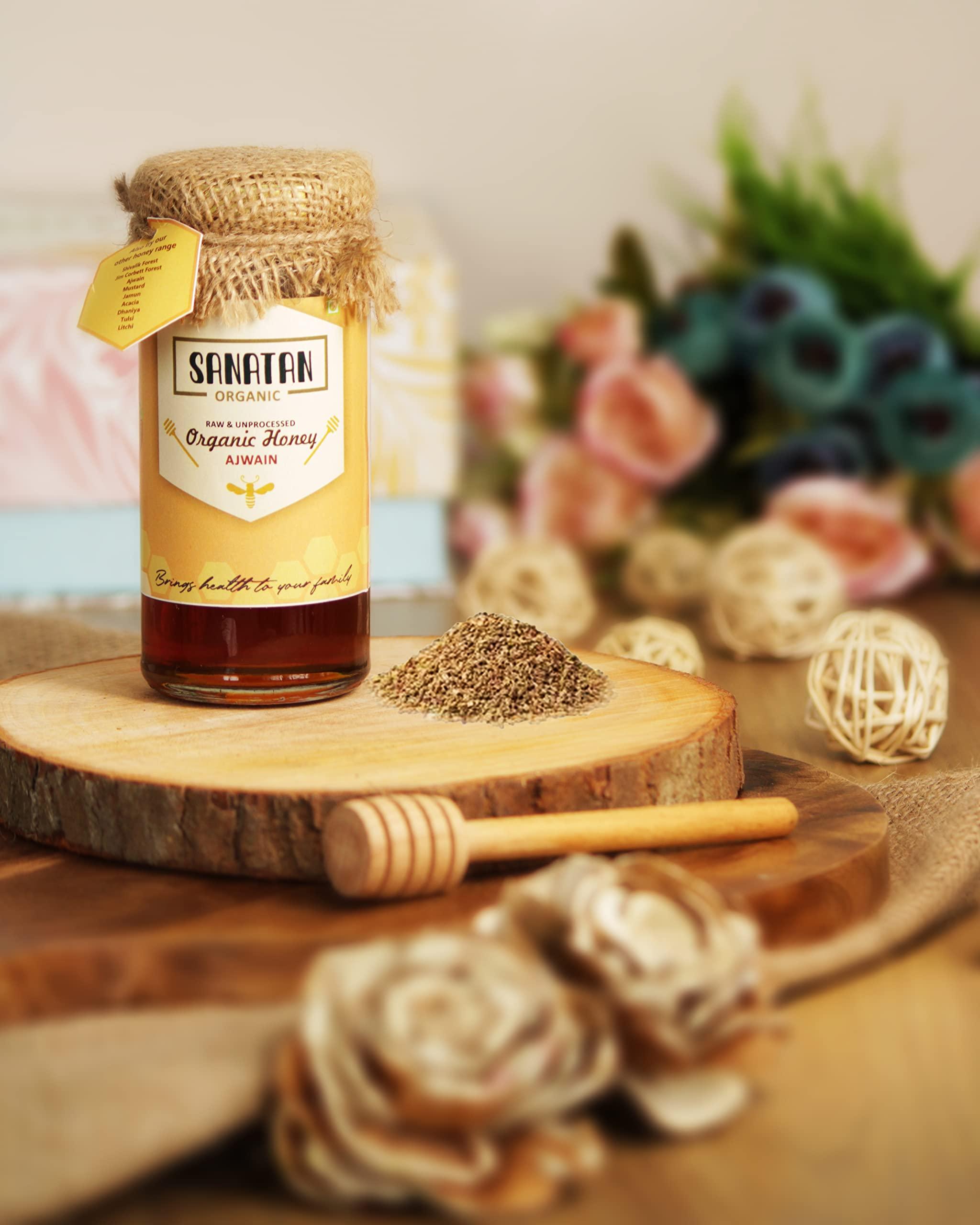 SANATAN ORGANIC Sanatan Organic Unprocessed and certified organic 100% Natural &Pure Ajwain Honey cures Gastric,Acidity,help in digestion|Preservative free|No artificals|No Added Sugar|Mono Flora Honey-250g Glass Jar