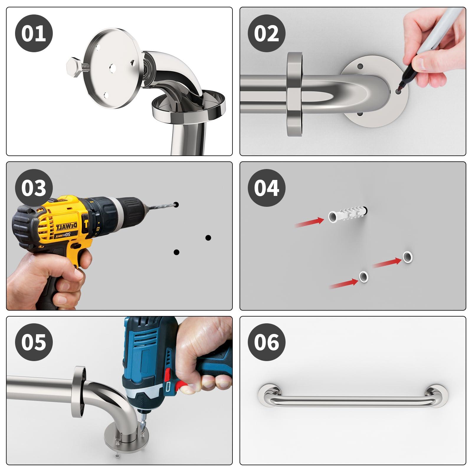 ZUEXT 16 Inch Stainless Steel Shower Grab Bar, ZUEXT Chrome Shower Handle, Bathroom Balance Bar, Safety Hand Rail Support Bar for Handicap Elderly Injury, Senior Assist Bath Tub Wall Concealed Mount Handle