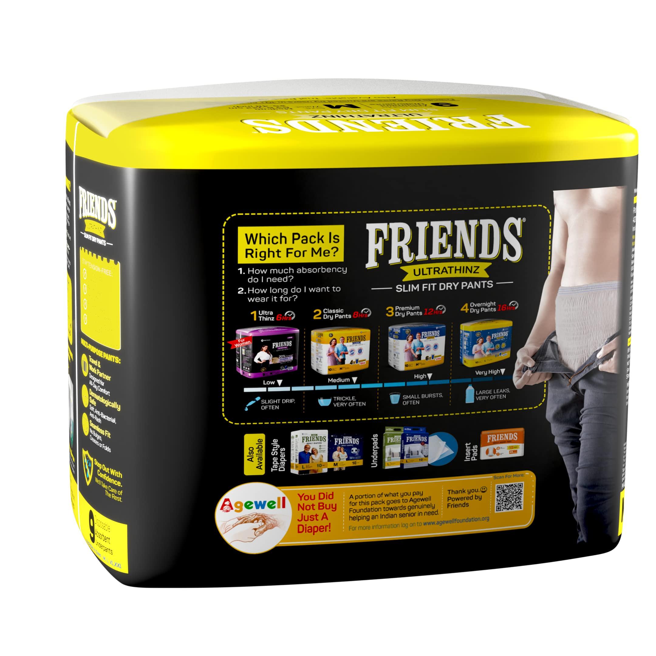 Friends Friends UltraThinz Slim Fit Adult Diapers (Dry Pants) for Men - Medium 27 Count - with thin design, grey colour, and anti-rash - Waist Size 25-48 Inch ;6 3.5-122 cm