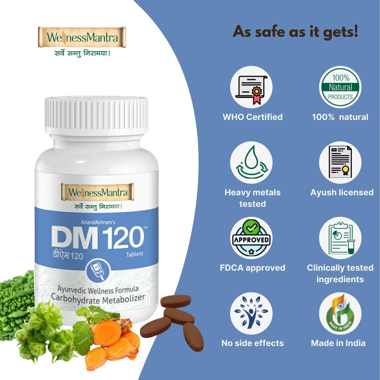 WellnessMantra Wellness Mantra DM 120 | Diabetic Care | Blood Sugar Control Ayurvedic Tablets | Helps to Protect From Long Term Complications of Diabetes | Gudmar, Jamun, Karela, Methi & 16 More Herbs (Pack of 2 - 120 Tablets)