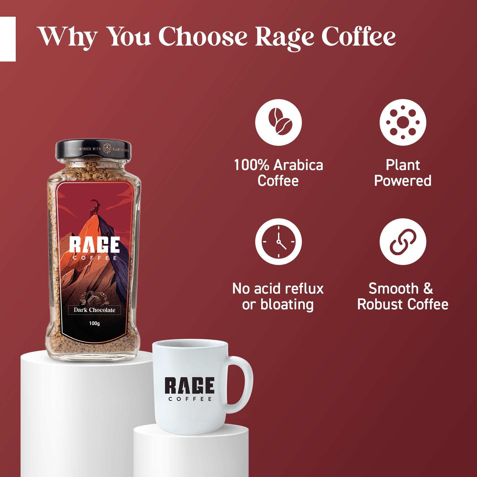RAGE COFFEE Rage Coffee Combo - Flavoured Instant Coffee With Drinking Chocolate Powder Mix | Dark Chocolate Flavoured Coffee | 100 gms Each | Enjoy Hot Chocolate, Hot or Cold Coffee | Made In India
