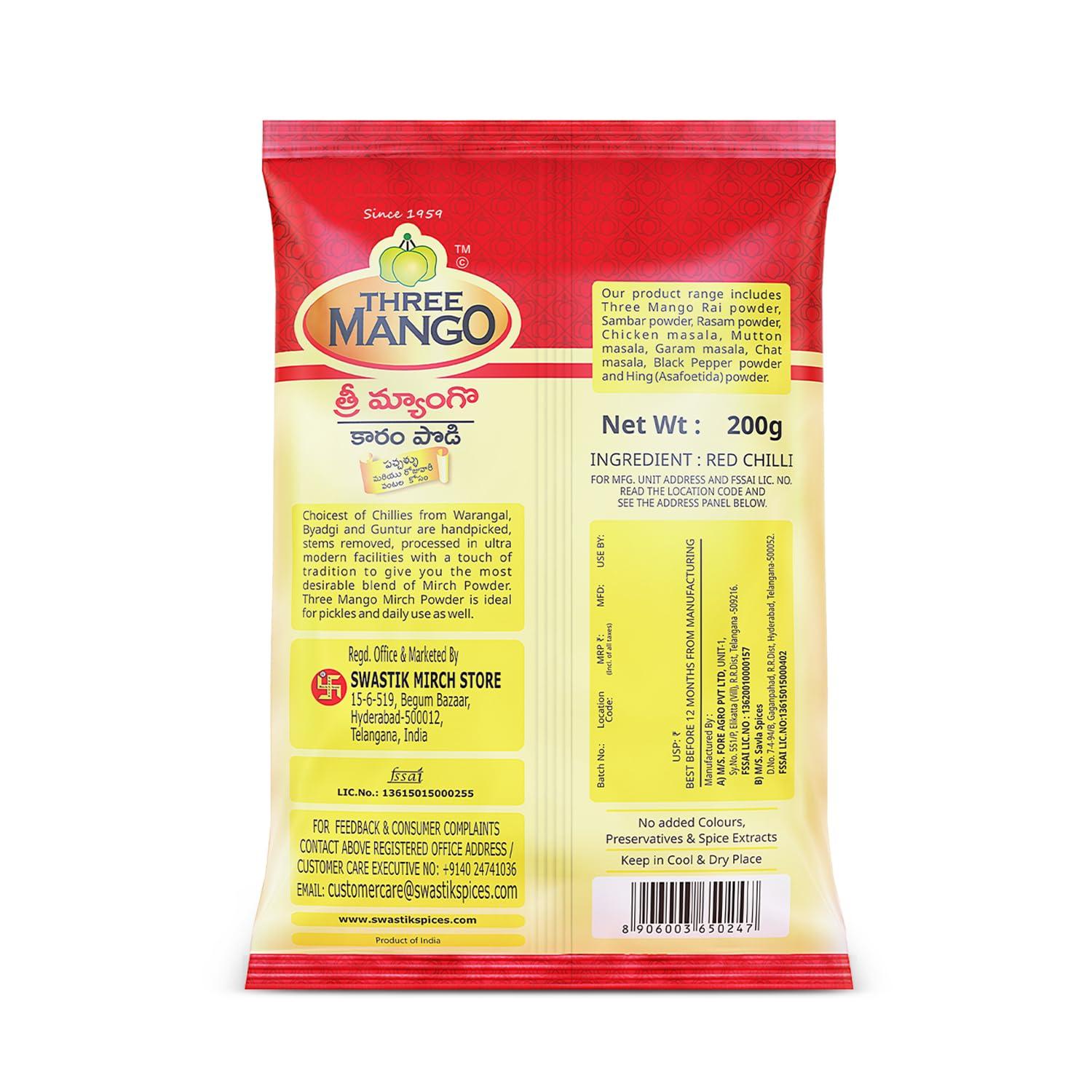 THREE MANGO Three Mango Mirch (Chilly) Powder | Rich In Flavour | No Added Colours | Natural And Authentic (200 Gramm)