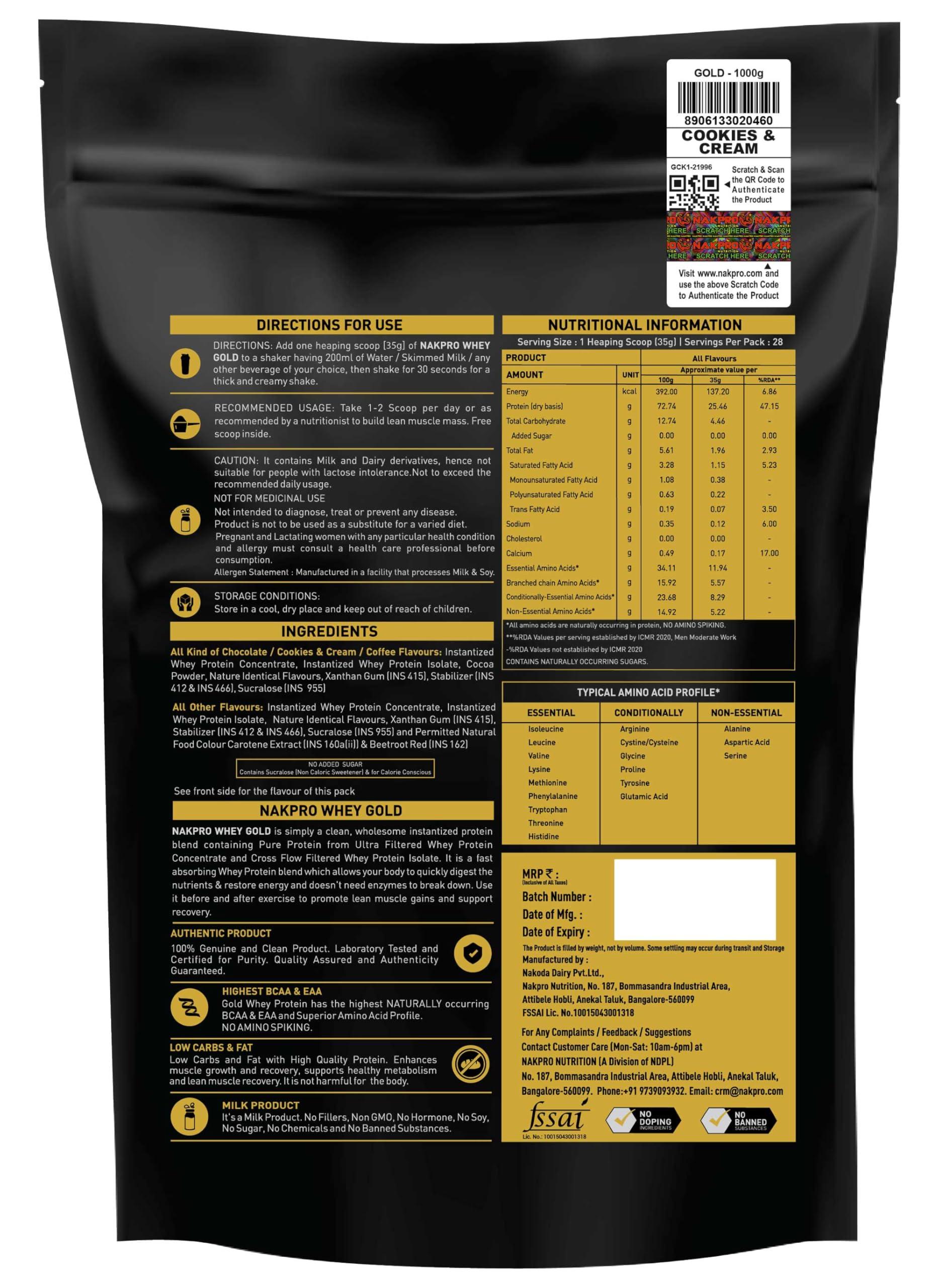 NAKPRO NAKPRO Gold Whey Protein Concentrate & Isolate 1kg Cookies & Cream | 25.5g Protein, Trustified Certified | Fast Absorbing Whey Protein Powder