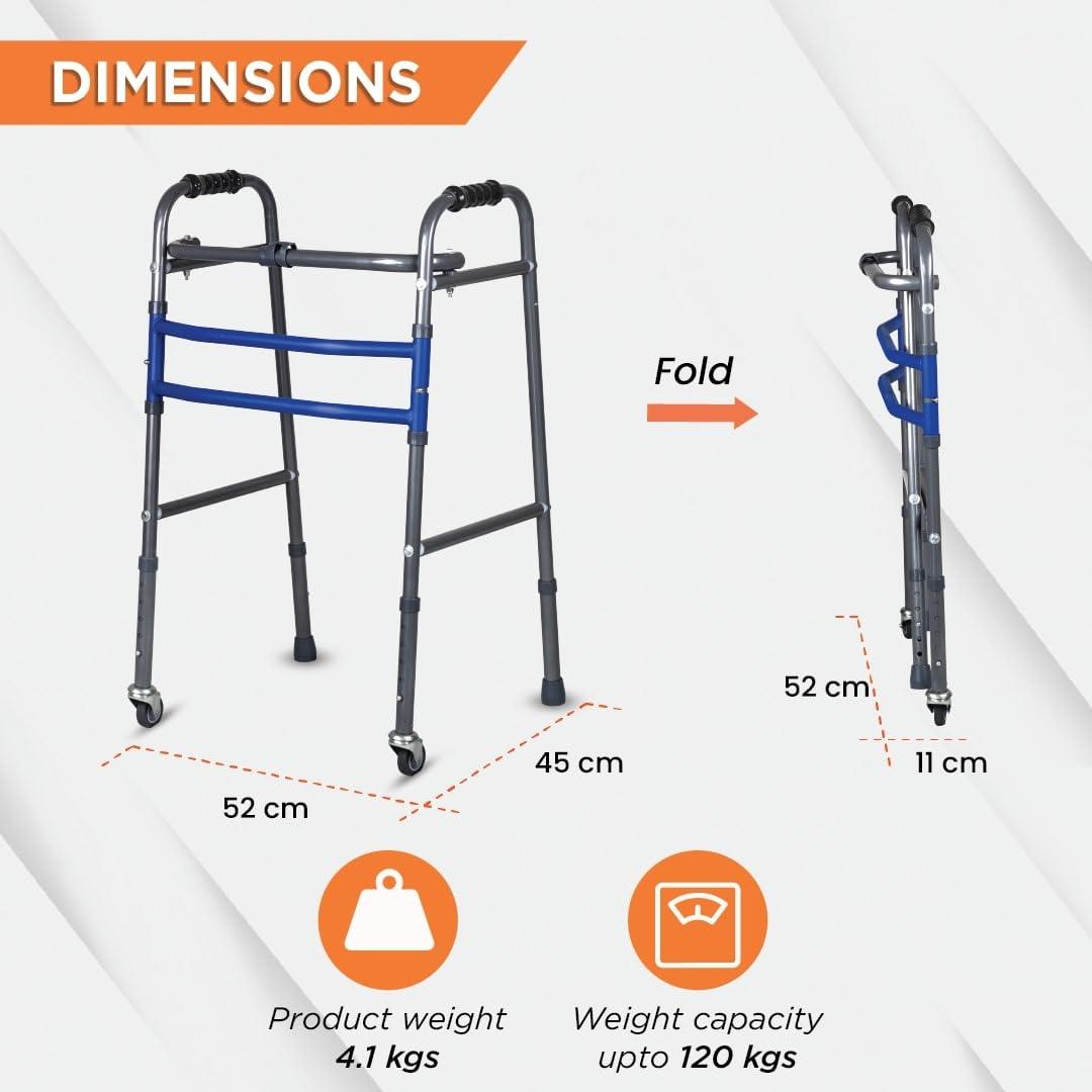 Vissco Vissco Dura Max Walker for Elderly and those Physically Challenged, Foldable, Light Weight & Height Adjustable Walking Aid - Made with Premium Grade Rubber Shoes and PVC Grip - Universal (Black)
