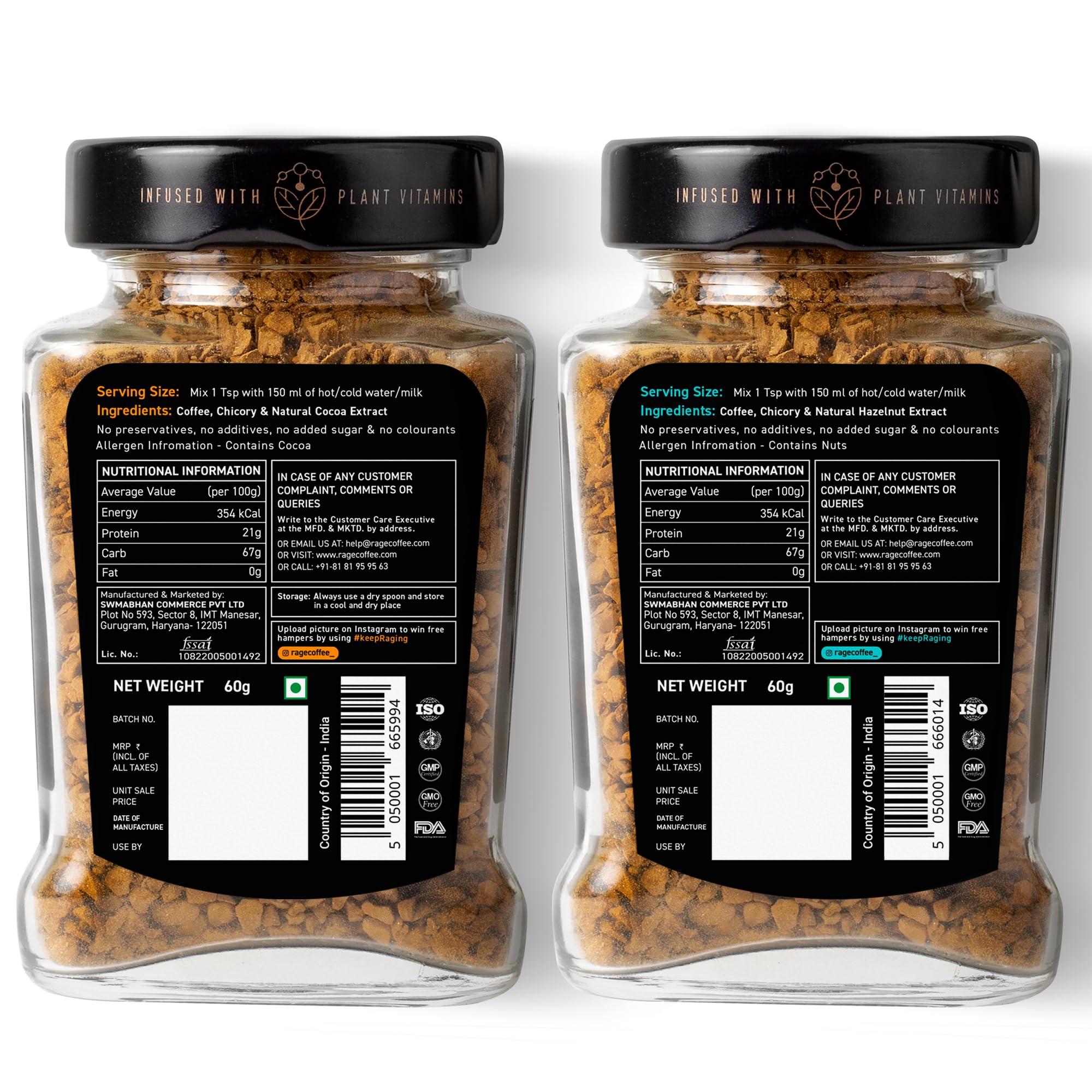 RAGE COFFEE RAGE COFFEE Silk Blend Instant Coffee|Belgian Chocolate & Creamy Hazelnut Silk Blend Flavoured Coffee 60 Gms Each|100% Pure Instant Coffee|Premium, Bold & Smooth|Pack Of 2 - Powder, Bottle