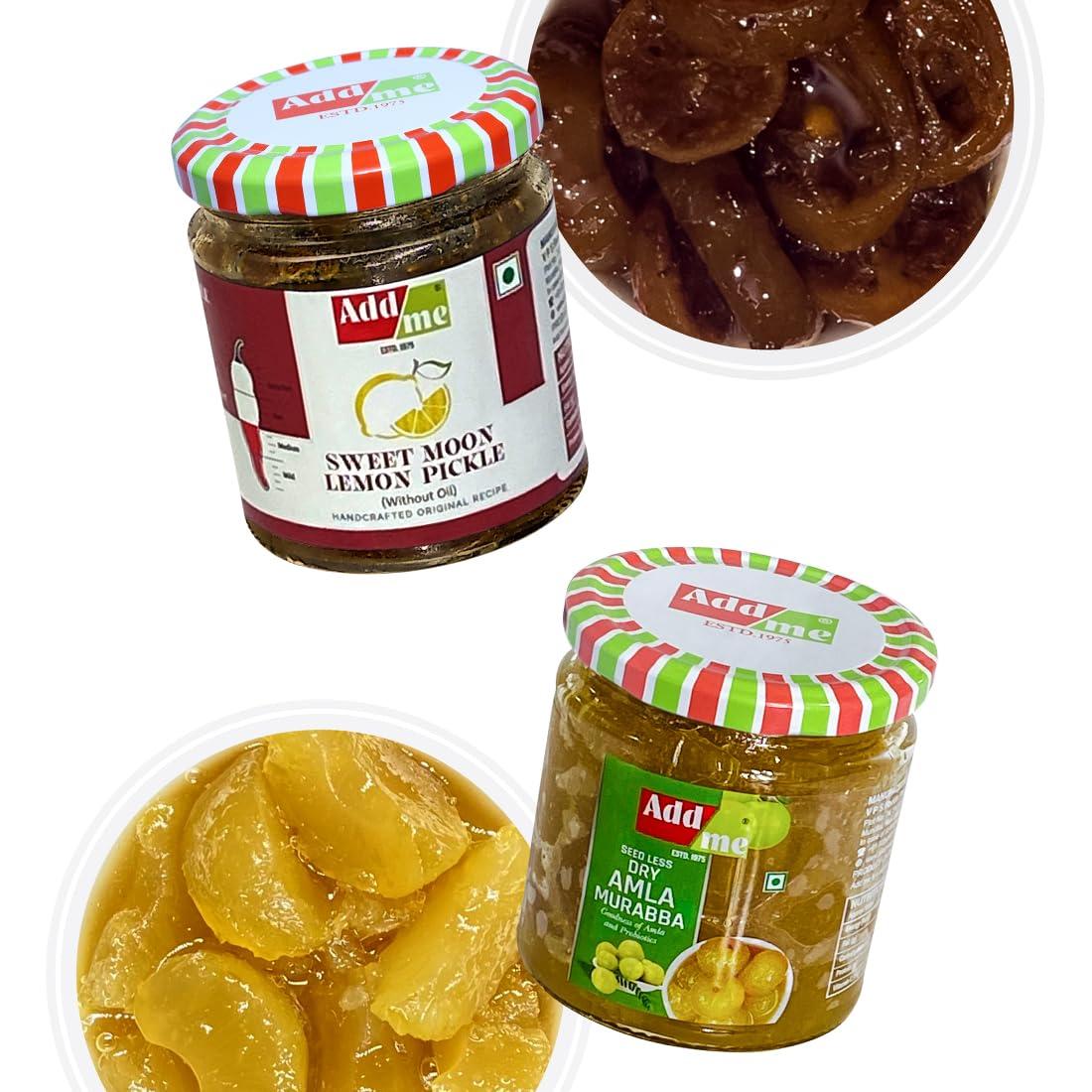 Add me Add me Combo Pickle Pack 6 In 1 Dry Mango Achar 150Gm + Mixed Pickles 200Gm + Amla Murabba 200Gm + Sweet Lemon Pickle 200Gm + Lal Mirchi Ka Achar 200Gm + Sweet Mango Jeera Chutney 200Gm Glass Jar