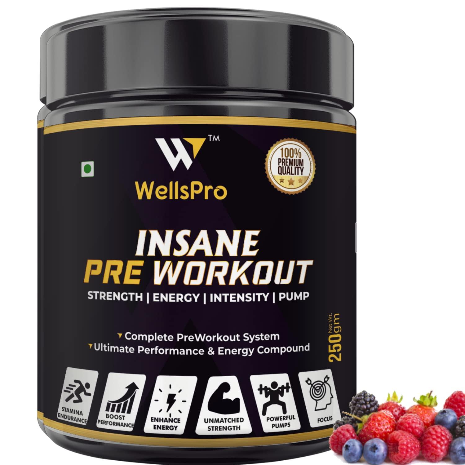 WellsPro Wellspro Insane Pre Workout 250g gym supplements for men Ultimate Performance & Energy Compound with Pump & Vascularity Amplifier, BCAA, Beet root & green tea (Mix Berry Flavor, 16 Servings)