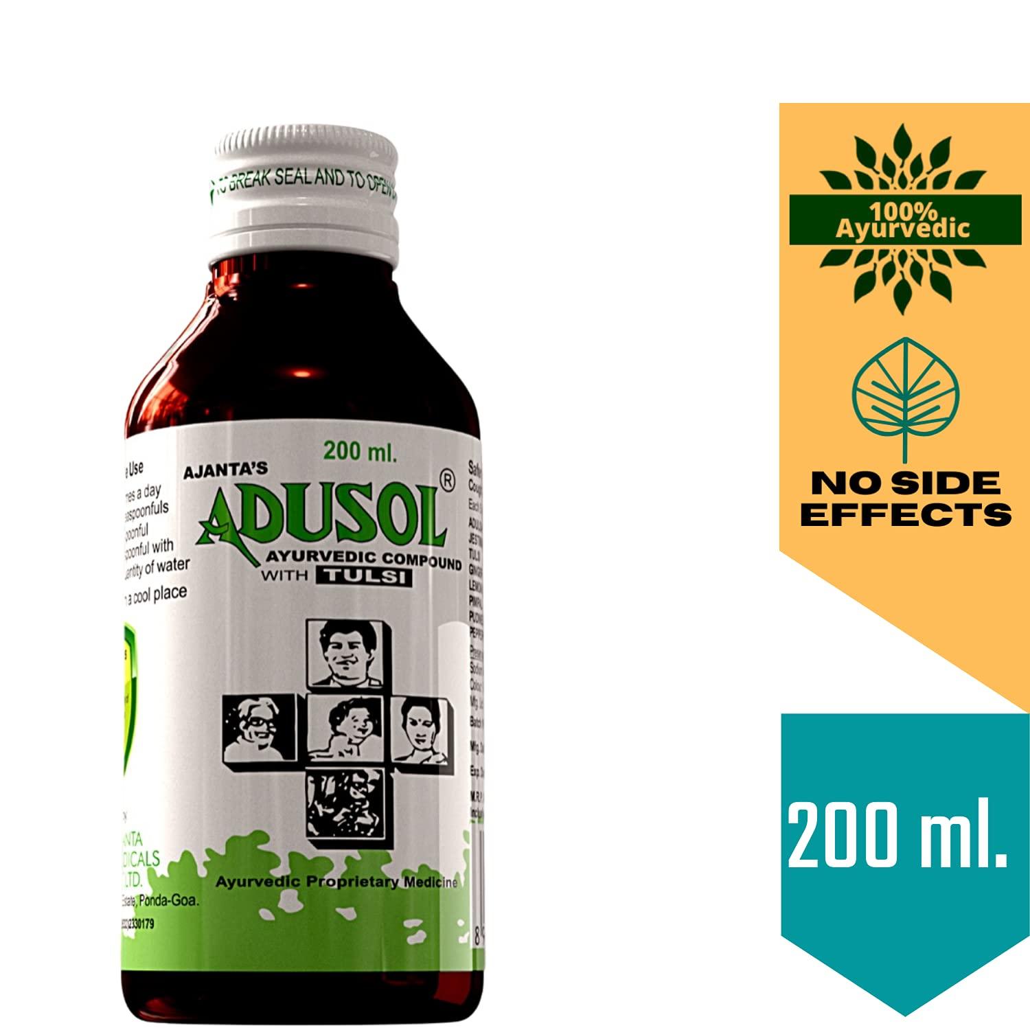 ADUSOL Ajanta\'s Adusol Ayurvedic Adulsa Cough Syrup Prevent Cold Wet Dry Cough Good For kids & Adults, 200 ml