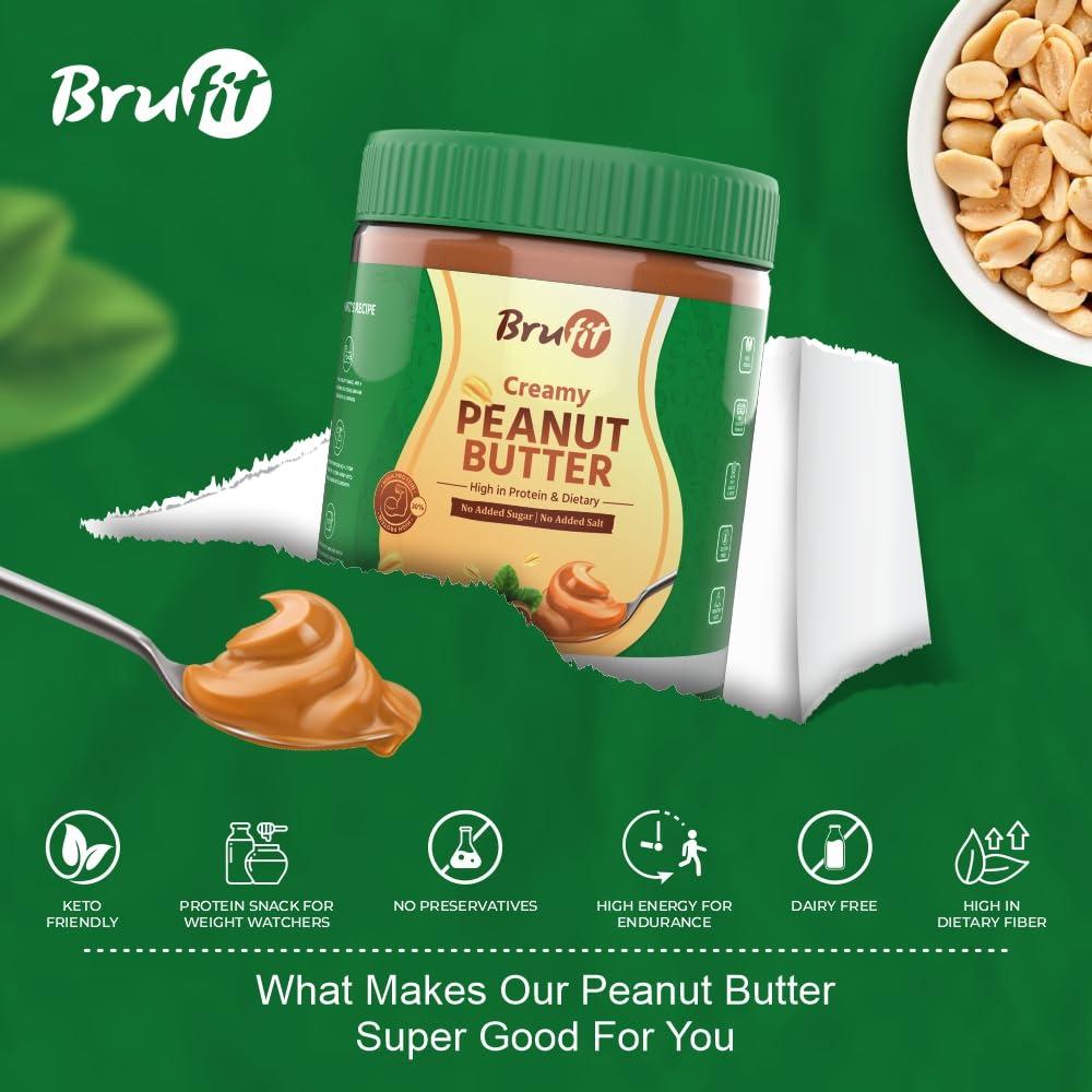 Brufit BruFit Natural Peanut Butter | 30g Protein | Unsweetened Healthy Nut Butter Spread with NO added Sugar | No-Cholesterol & Gluten | Zero Tans Fat | Creamy Peanut Butter (420 g)
