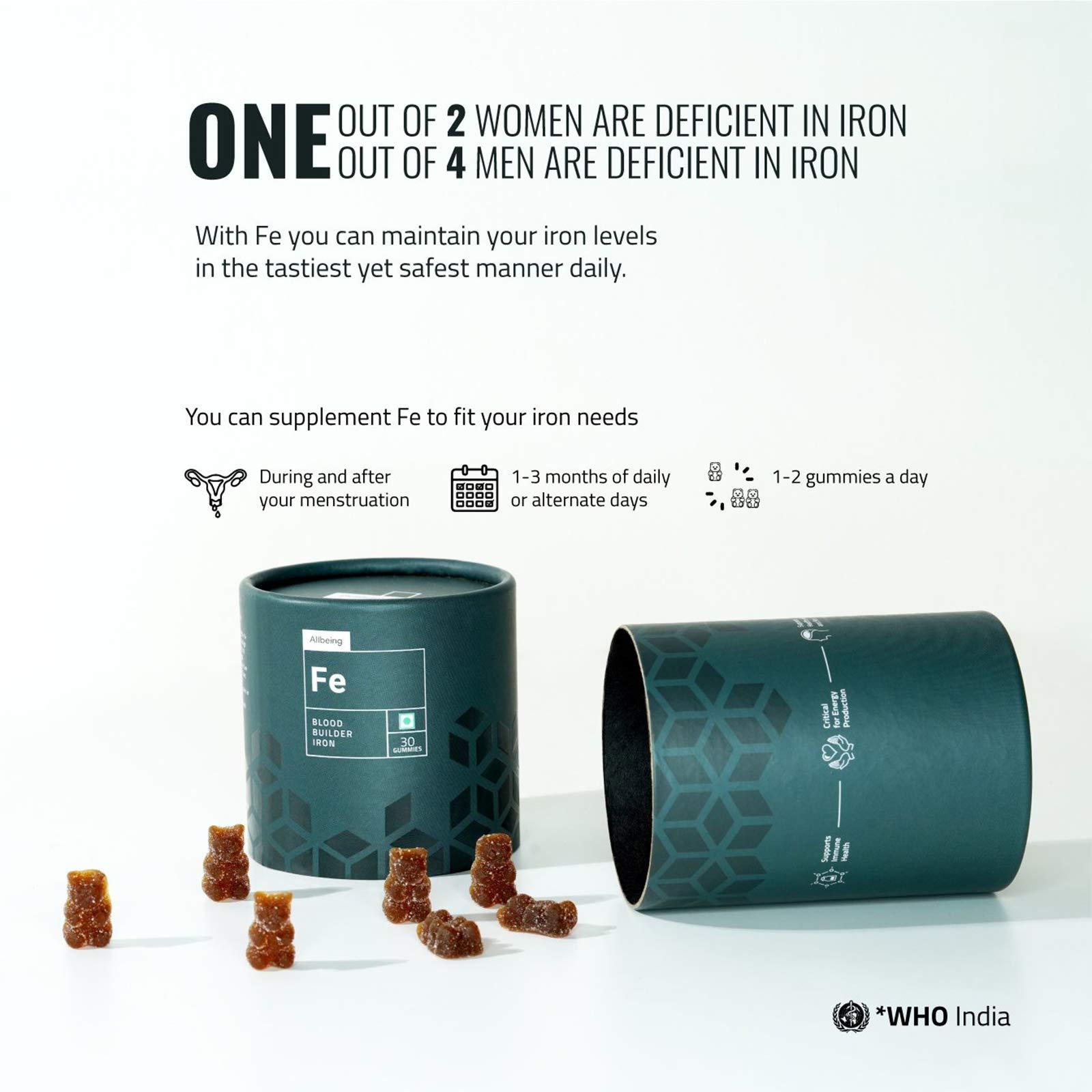 Allbeing Allbeing Iron Gummies, Good For Daily Use | Tasty Iron Supplement With No Side Effects, Highly Bioavailable, Reduces Excessive Hair Fall, Improves Physical And Mental Energy,Good For Men & Women |Helps In Healthy Pregnancy| - 60 Gummies (Pack Of 2)