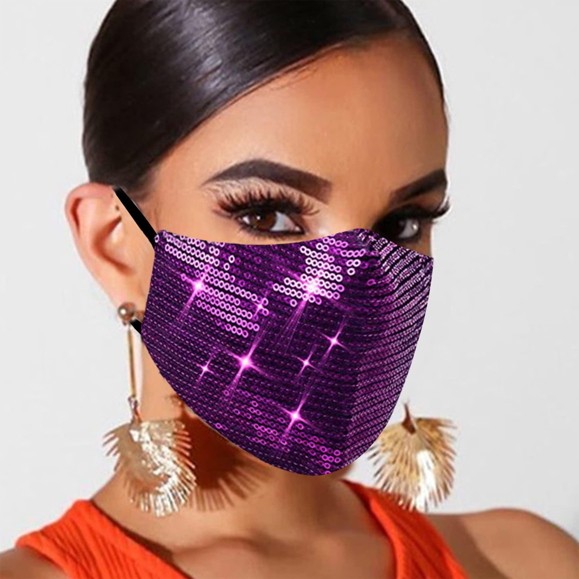 MLGDA Sparkly Sequins Mouth Masc Fashion Designer Glitter Cotton Face Cover With Adjustable Ear Loops Reusable Masquerade Party Nightclub Rave Festival Sequins Face Covering (Purple)