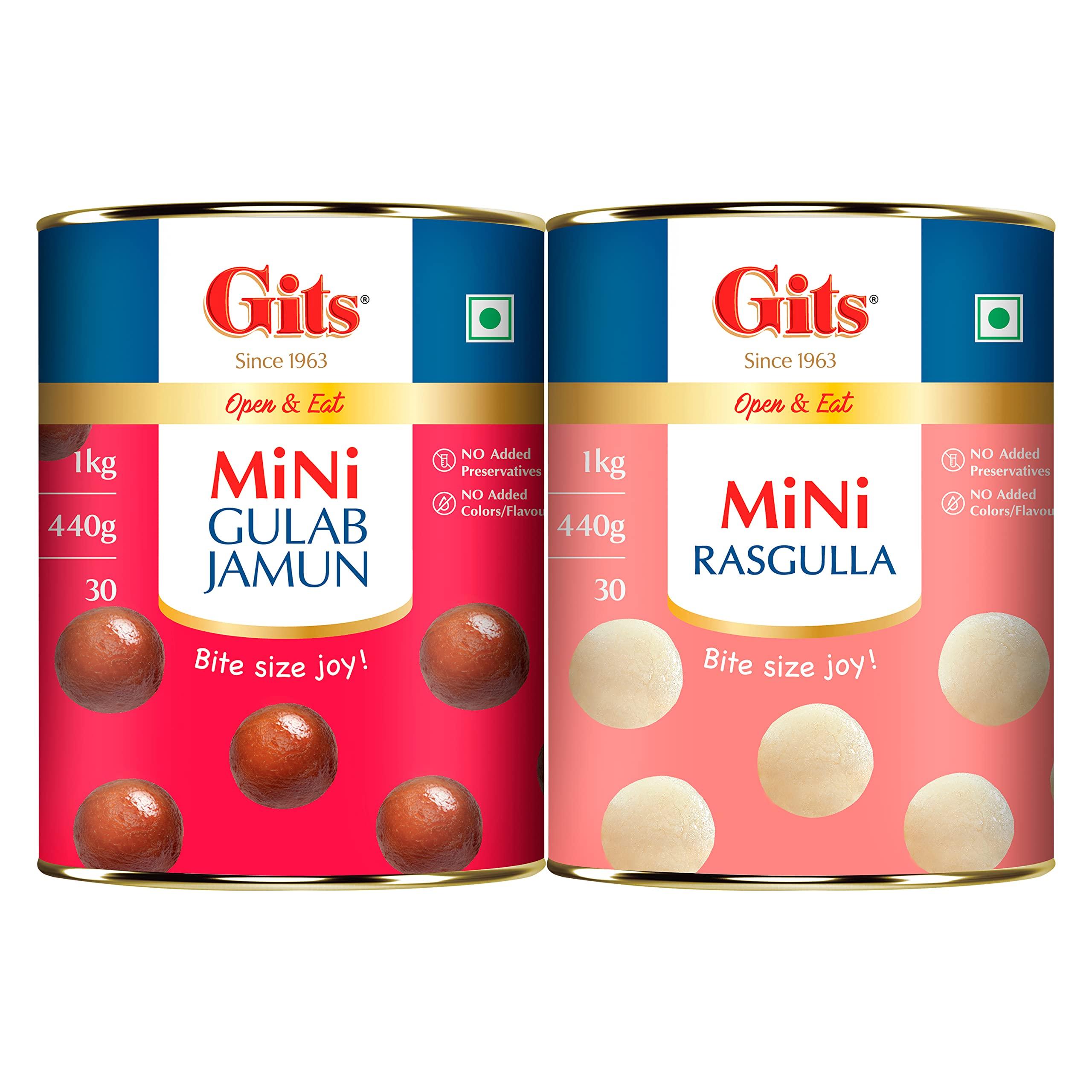 Gits Gits MiNi Gulab Jamun + MiNi Rasgulla | 2Kg (1Kg MiNi Gulab Jamun Tin + 1Kg MiNi Rasgulla Tin) | Open & Eat | 30 Pieces Per Can | Mouth-Watering Indian Mithai | Festive combo
