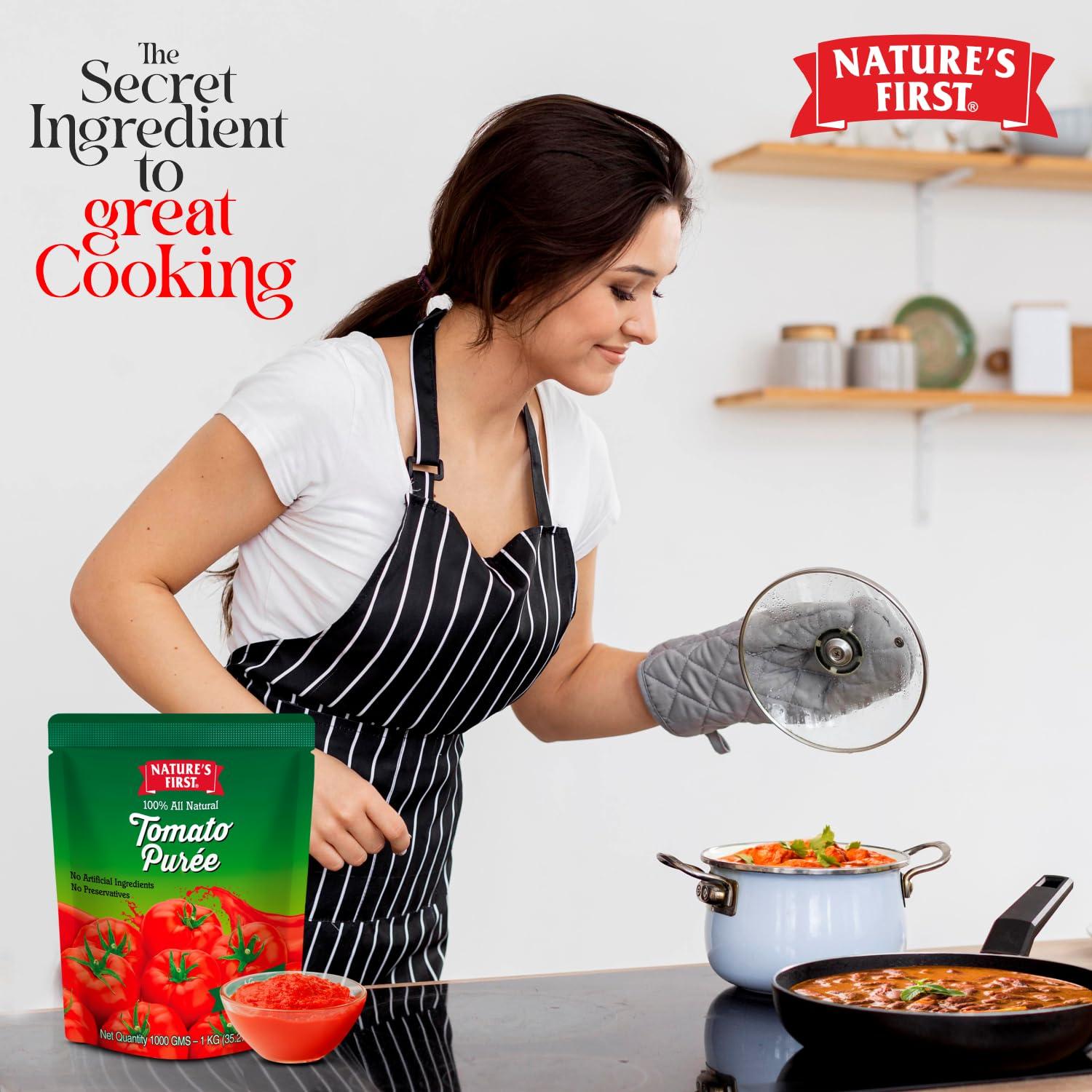 NATURE'S FIRST Nature\'s First Tomato Puree 1 Kg (Pack of 4), Fresh, Thick & Natural Tomato Paste for Cooking, Add Rich Flavour in Dishes, No Added Salt, No Preservatives, Sweet and Pure, Vegetarian