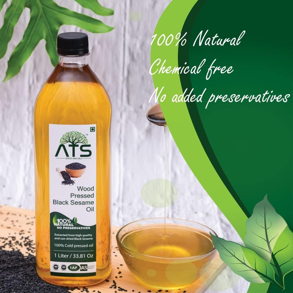 ATS ATS 100% Wood Pressed Black Sesame Oil 1 Litre Pet Bottle, Kacchi Ghani/Mara Chekku, Black Sesame Oil, Kalatil ka tel, Gingelly Oil, Natural, Chemical-Free, Wood Pressed Coconut Oil for Cooking