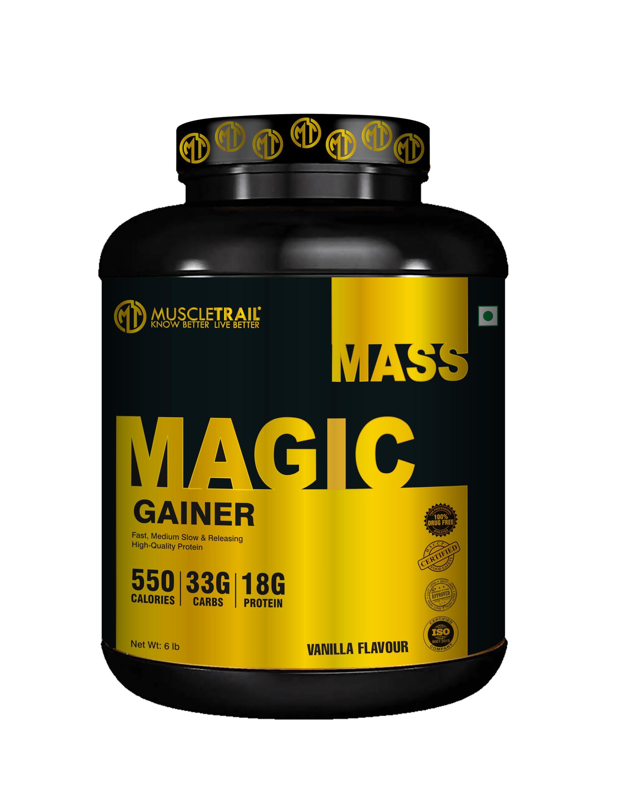 MUSCLETRAIL Muscle Trail Magic Mass Gainer Powder | 550 Calories | 33g Carbs |18g Protein | High in calories & Muscle Growth | 45 serving | 2.7 kg | (Vanilla Flavour)