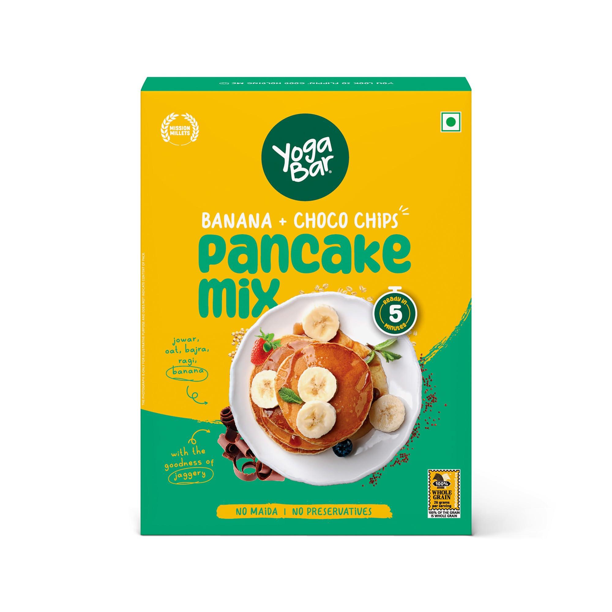 Yogabar Yogabar Pancake Mix,Chocolate & Banana Choco Chip Pan Cake Mix Powder,0 Maida,0 Preservatives,Goodness of Jowar,Oats,Bajra,Ragi,Healthy Breakfast for Children, Easy to Make Breakfast,150g x Pack of 4