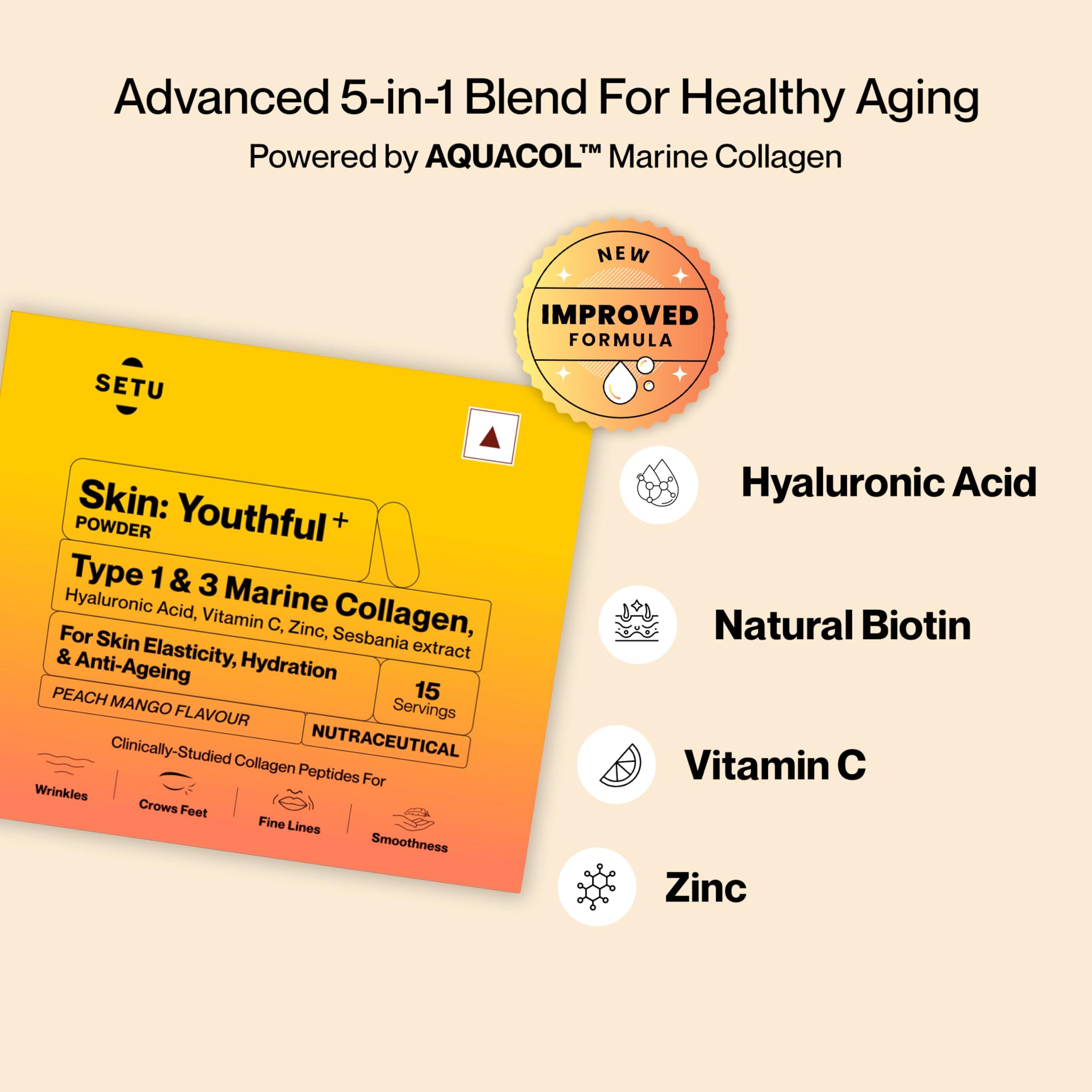 SETU Setu Skin: Youthful Marine Collagen Powder (15 Sachets) | Collagen Supplements for Women & Men | Hydrolyzed Type 1 & 3 Collagen for Healthy Skin, Hair & Nails | Peach Mango Flavor