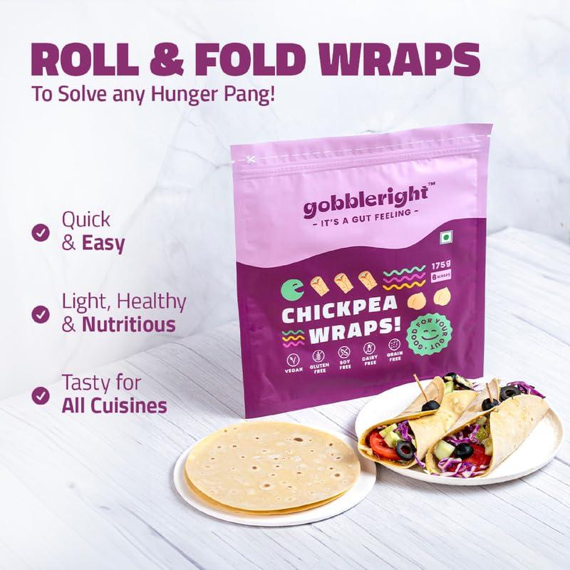 GOBBLERIGHT GOBBLERIGHT Gluten Free Tortilla Chickpea Wraps - Pack Of 2 (12 Wraps)/Gluten Free, Vegan, Dairy Free, Soya Free, Grain Free/Best For Burrito, Wraps, Tortilas, Tacos, Shawarmas And Rolls, 350 Gram