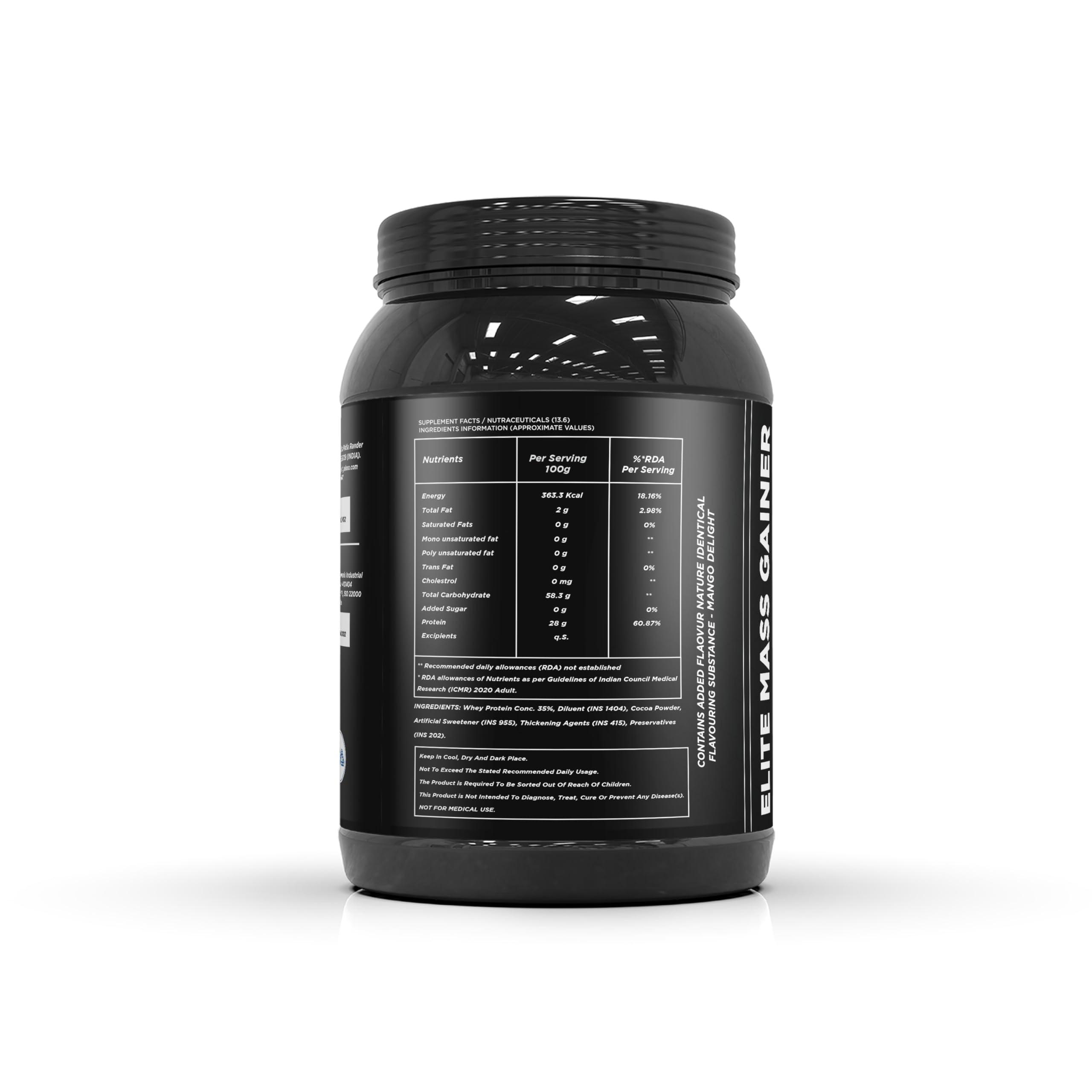 MFI NUTRITION MFI NUTRITION Elite Mass Gainer | 25 Servings | Ratio 1:3 Carbs to Protein | 22g Protein per Serving | Banned Substance Free | Ideal for Muscle Gain | Supports Recovery (1 KG, Mango Delight)