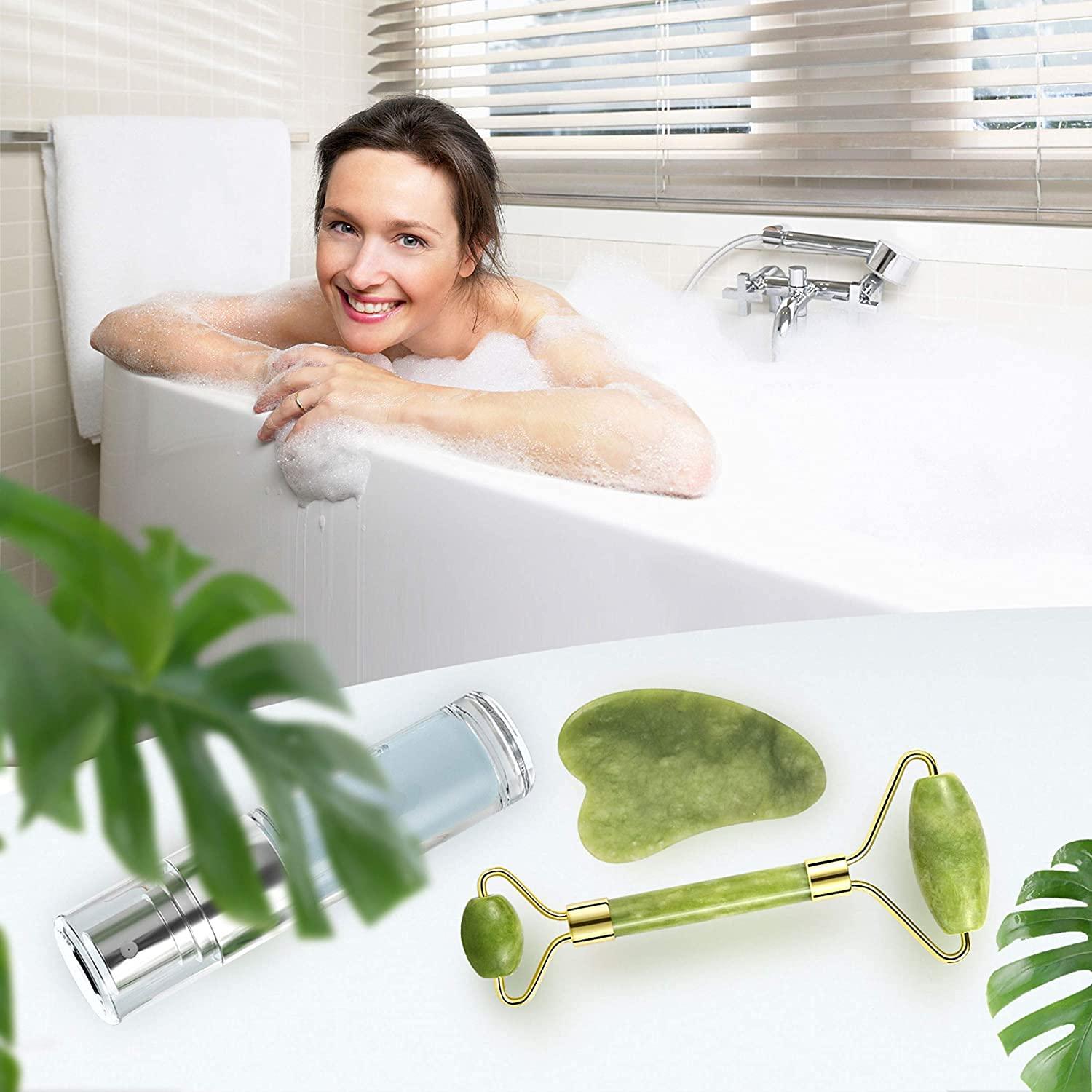 KILO COOL HVAC Jade Roller and Gua Sha Set for Beautiful Skin Detox - Facial Body Eyes Neck Massager Tool Reduce Wrinkles Aging - Original Natural Jade Stone