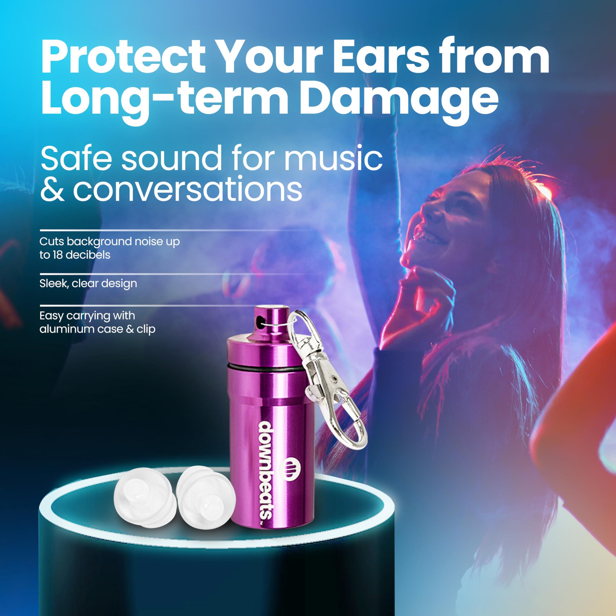 DownBeats DownBeats Reusable High Fidelity Hearing Protection: Ear Plugs for Concerts, Music, and Musicians (Clear Ear Plugs, Purple Case)