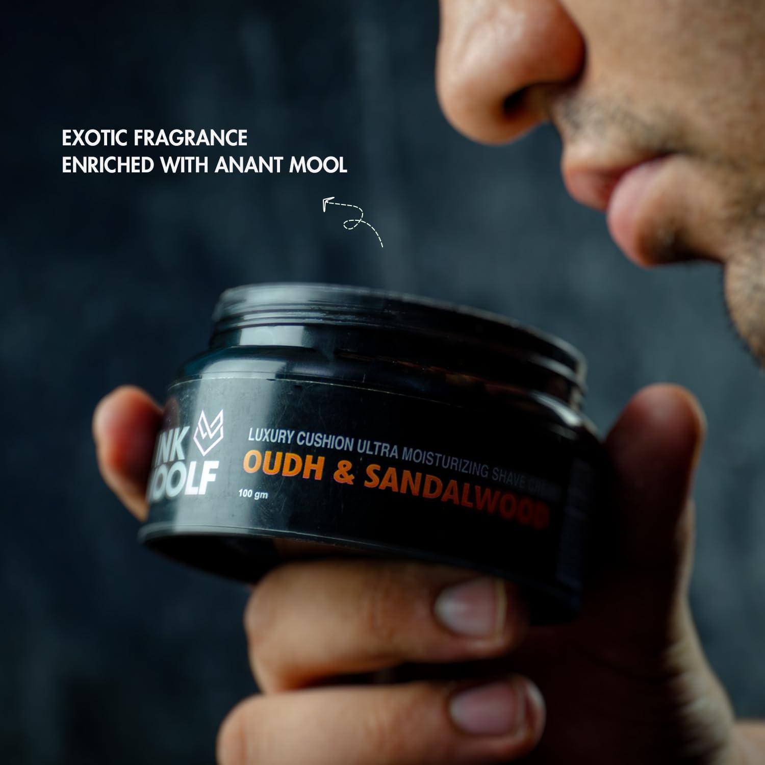 Pink Woolf Pink Woolf Moisturizing Oudh & Sandalwood Shaving Cream For A Close, Comfortable, Irritation Free Smooth Shave, Smells Great, Hydrate, Soften Beard - 100 G