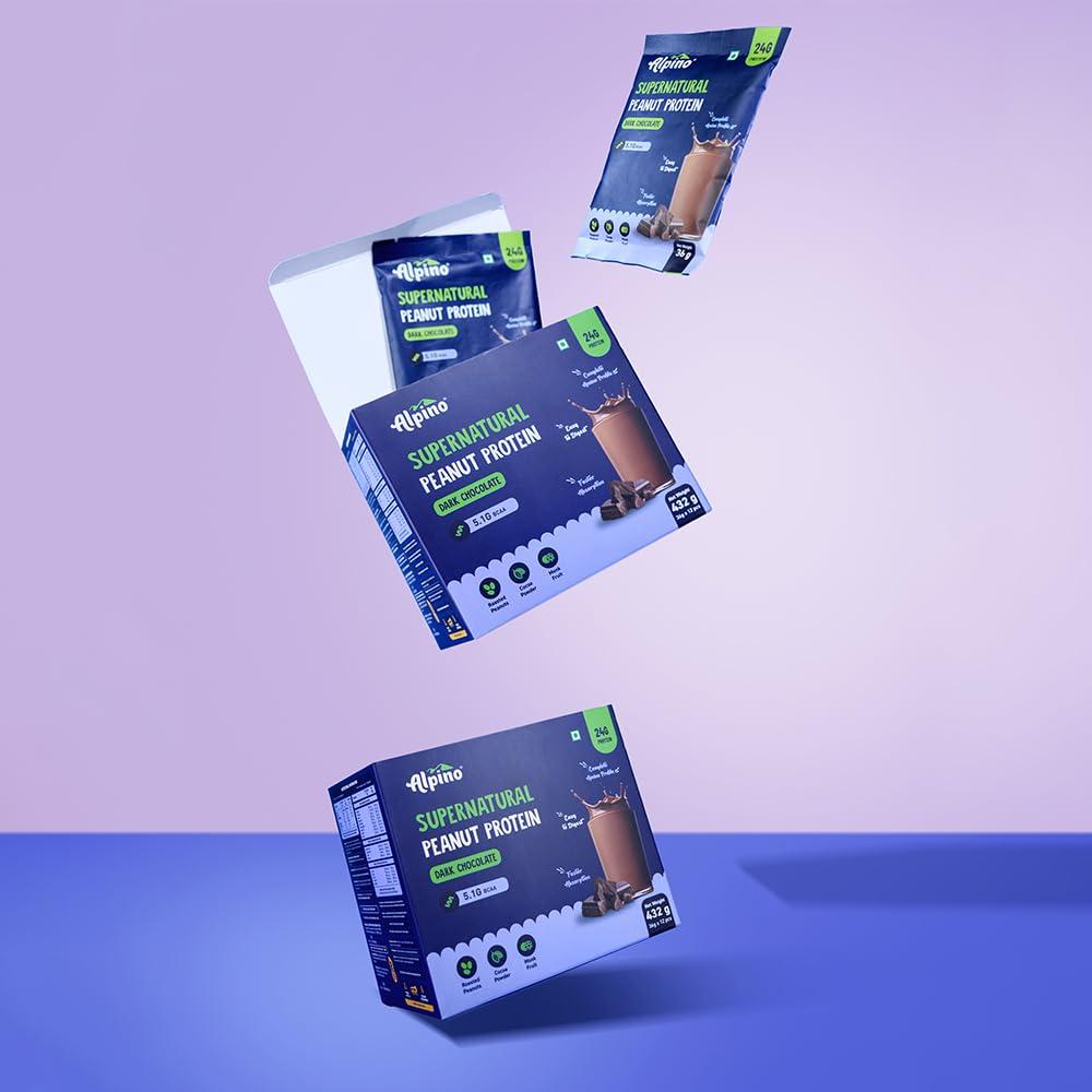 Alpino Alpino Supernatural Peanut Protein Powder Dark Chocolate 432g (12 Day Trial Pack) - 100% Plant-Based, High-Performance Protein - 24g Protein, 5.1g BCAAs, No Added Sugar, Gluten-Free