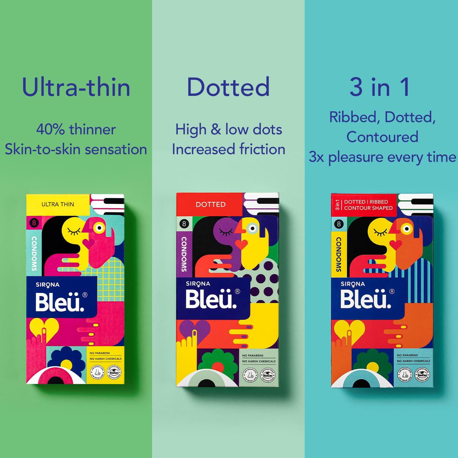 Bleu Bleu Natural Latex No Glycerin -No Paraben - Ultra Thin and Dotted Condom Combo(1 Pack each)