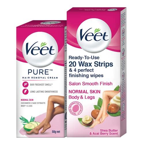 Veet Veet Hair removal cream- Normal skin-50 gm & Full Body Waxing Kit Easy-Gelwax Technology Normal Skin - 20 Strips with free Veet Glow It Girl pouch, Pink, 50 g (Pack of 1)