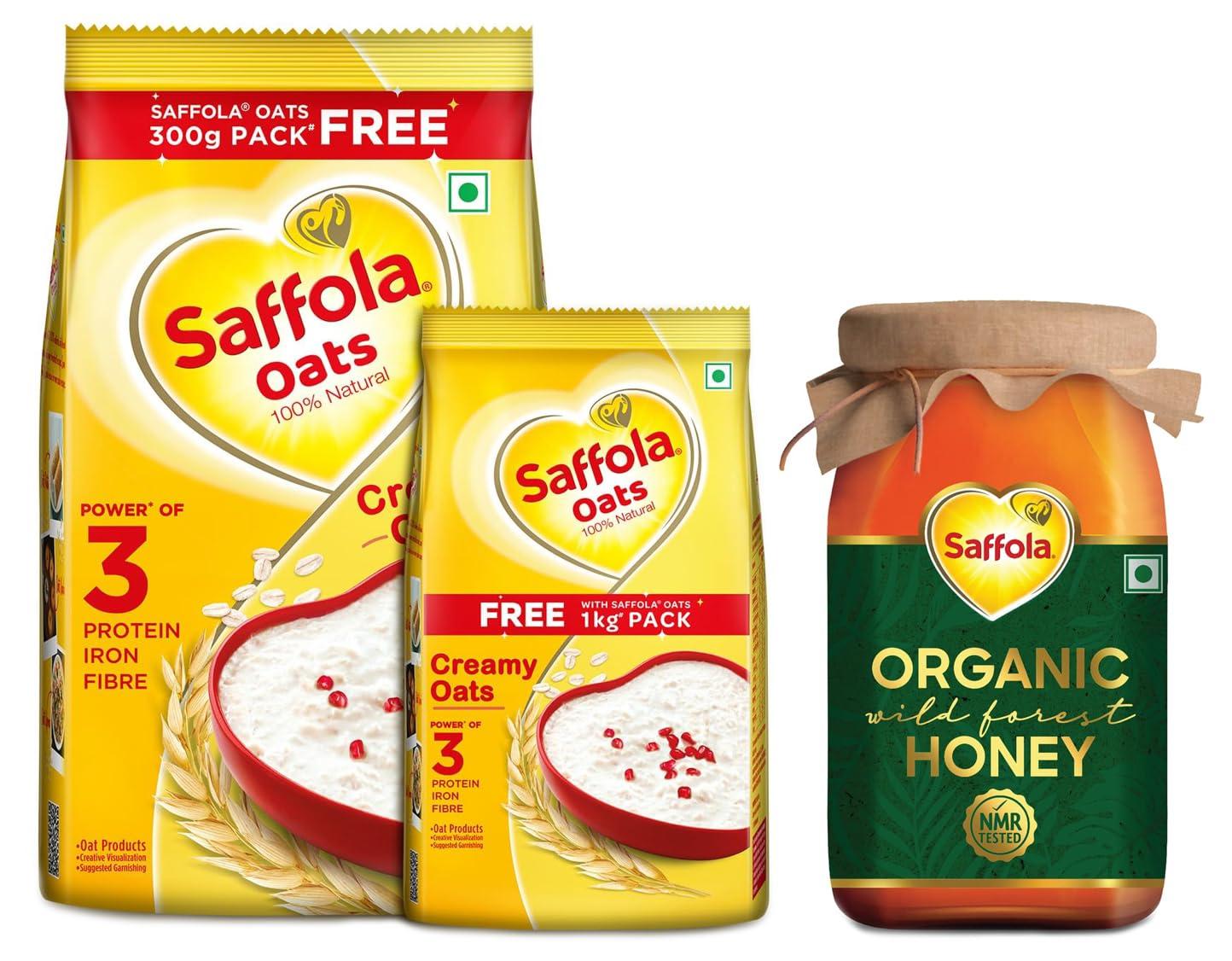 Saffola Saffola Wild Forest Organic Honey -500g -NMR Tested, 100% Pure Wild Forest Organic Honey, Brown & Saffola Oats | Rolled Oats | Delicious Creamy Oats | High Protein & Fibre| 1Kg with 300g Free