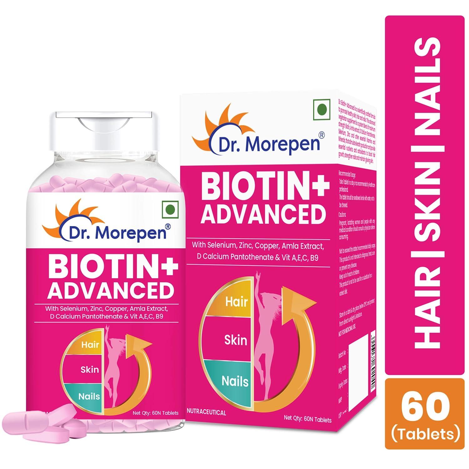 Dr. Morepen Dr.Morepen Biotin+ Tabs | With Multivitamins, Amino Acids, Natural Extract of Amla, Turmeric & Green Tea, Bhringraj & Brahmi | 60 Tablets Pack of 2