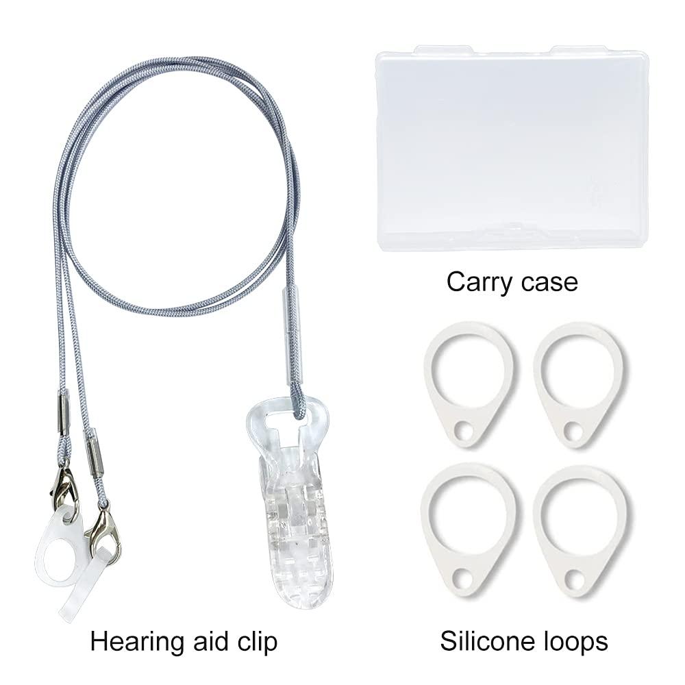 Anico BTE Hearing Aid Clips Otoclip for Adults and Kids with 7mm 9mm 11mm Silicone Loops for BTE Hearing aids and Anti Lost Lanyard Cord and Carry case (Gray)