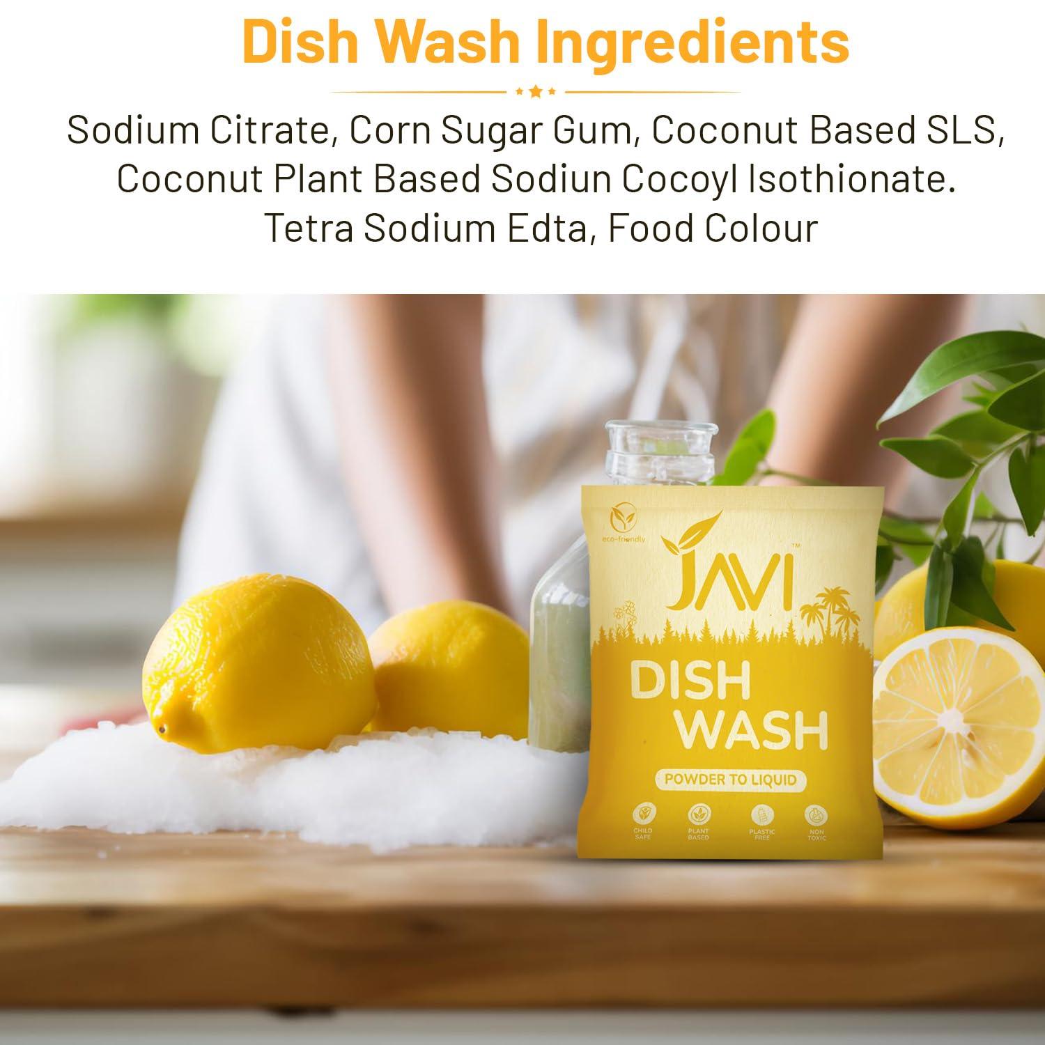 JAVI JAVI Dish Wash Powder to Liquid Refill Pack (10 Sachet = 5 Ltr) | Natural, Plant Based, Non Toxic & Eco-Friendly | Remove tough grease, soft on hands | Baby Safe & Pet safe | Crockery wash