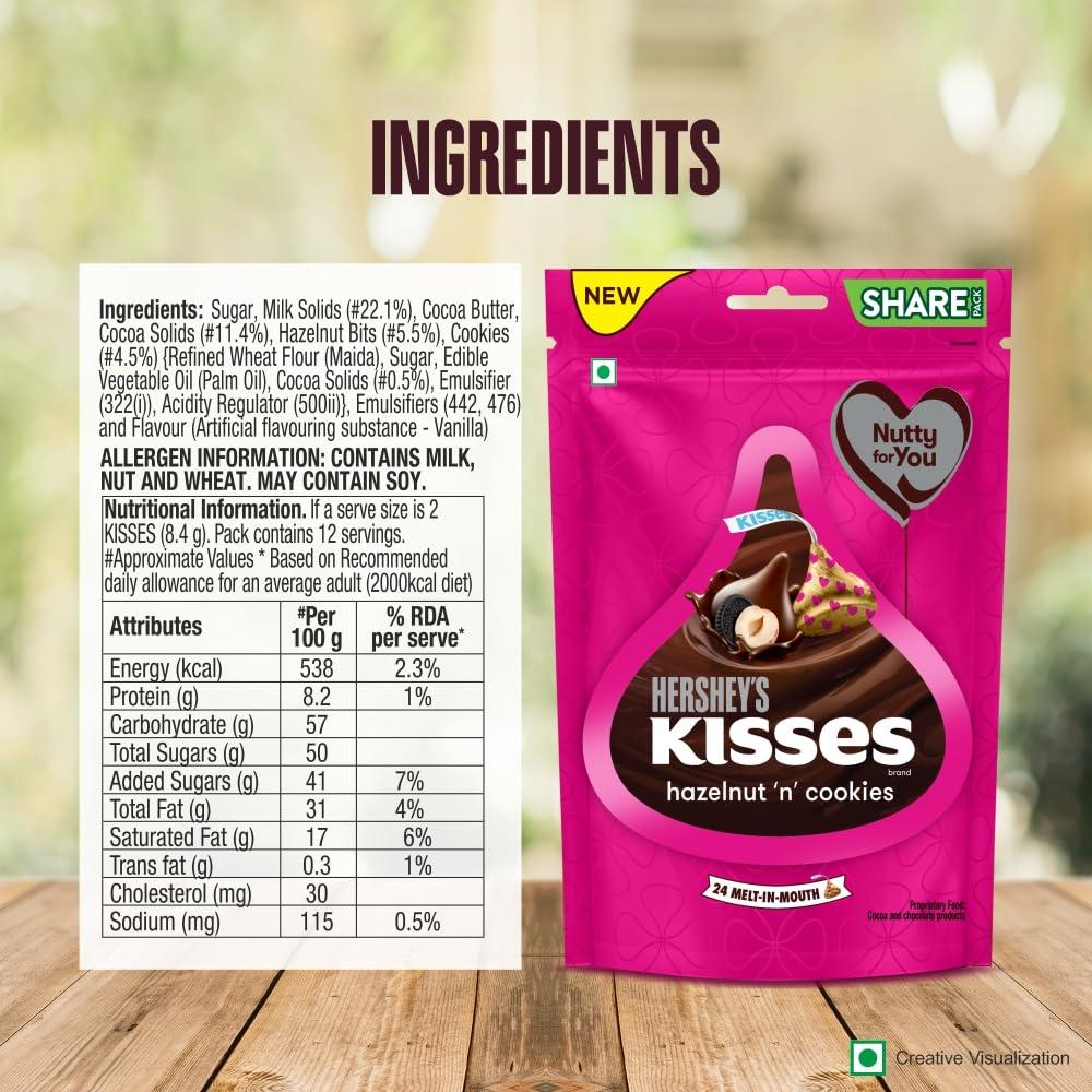 HERSHEY'S HERSHEY\'S Kisses Hazelnut \'N\' Cookies Pack Of 3 - Ingredients:Sugar,Milk Solids (21.5%),Cocoa Butter,Cocoa Solids (11.3%),Hazelnut Bits (5.5%),Cookies (4.5%) (Refined Wheat Flour (Maida), 100.8 Gm