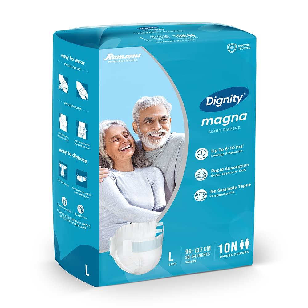 DIGNITY Dignity Magna Adult Diapers Tape Style - 60 Count (Large) with Extra Absorbent Core, Wetness Indicator, Waist Size 38\" - 54\", 10 Pcs/Pack (Pack of 6)