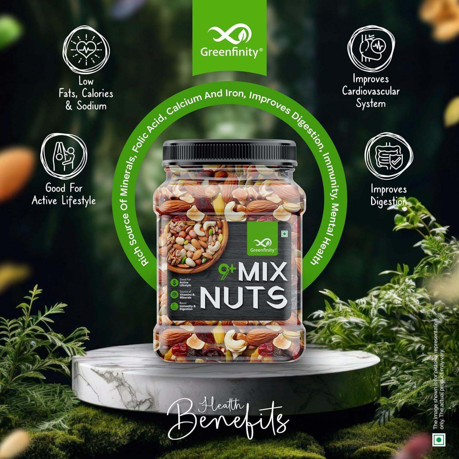 GreenFinity GreenFinity Healthy Nutmix 500g | Jar Pack | Dried Almonds, Black Raisins, Cashewnuts, Cranberries, Green Raisins, Walnut Kernels & Many More.
