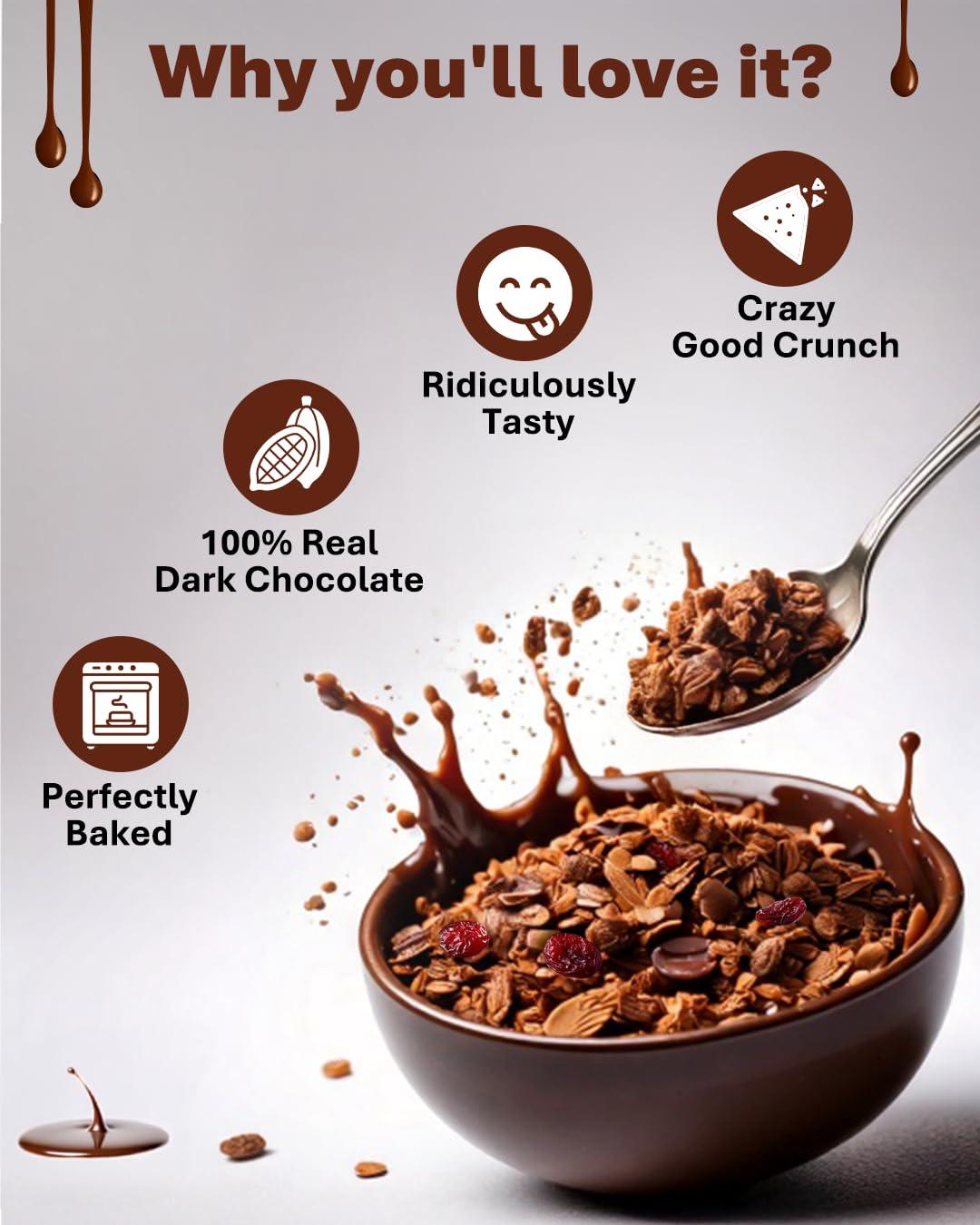 True Elements True Elements Granola Dark Chocolate 400g - Baked Granola | Almonds, Berries & Dark Chocolate | Granola for Breakfast | High Fibre Cereal | Diet Snack