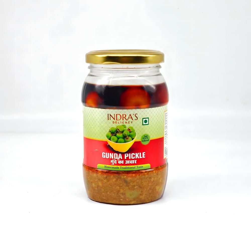 Indra\'s Delicacy Indra\'s Delicacy Gunda Pickle - 400 Grams | Khatta-Meetha Gunda Achaar | Hot, Tangy, Sour, & Spicy Gunda Pickle | Achaar | Homemade spicy Green Gunda Pickle | No Artificial Preservatives & Colors