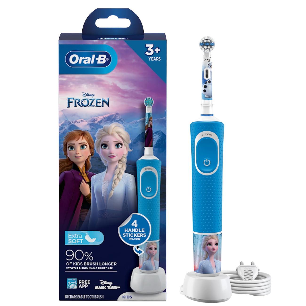 Oral B Oral B Kids Frozen Rechargeable Rotating Electric Toothbrush, 2 Brushing Modes (Daily & Sensitive), 2 Min Timer with Quadpacer, 2 Year Warranty, IPX7 Water Resistant, Round Brush Head
