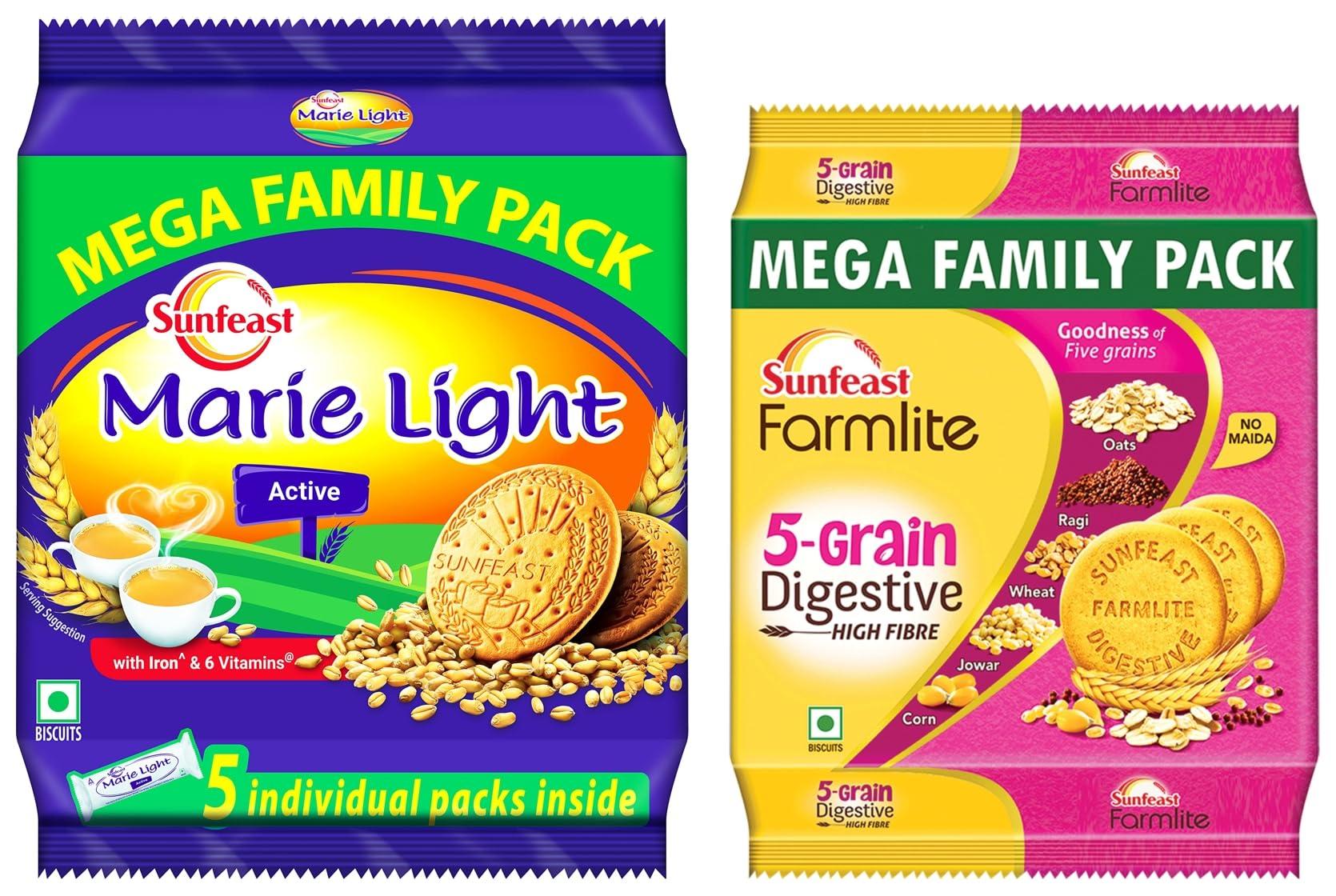 Sunfeast Farmlite Sunfeast Farmlite 5 Grain Digestive Biscuit, High Fibre Biscuit, Goodness of 5 Grains, 800 g Pack & Sunfeast Marie Light Active Bag, 1 kg