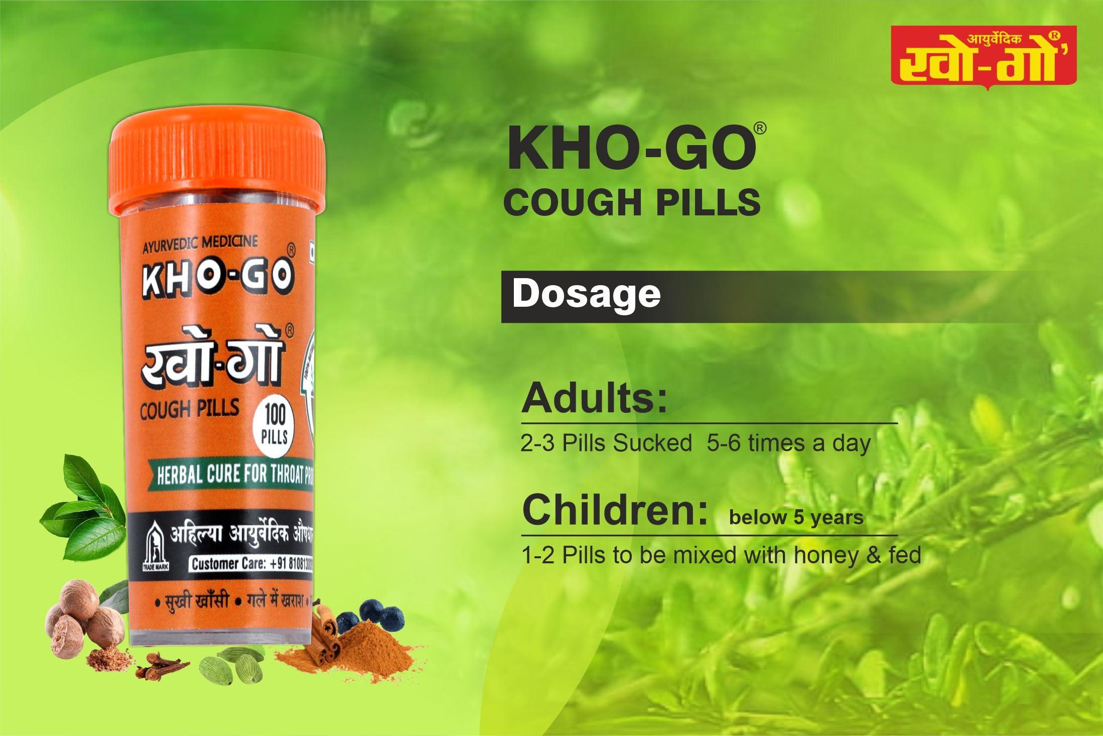 KHO-GO Khogo Pills For Cough & Sore Throat, Ayurvedic Tablets For Seasonal Cough & Bad Breath, 100 Pills in each Btl, 100 Tab, Pack Of 4