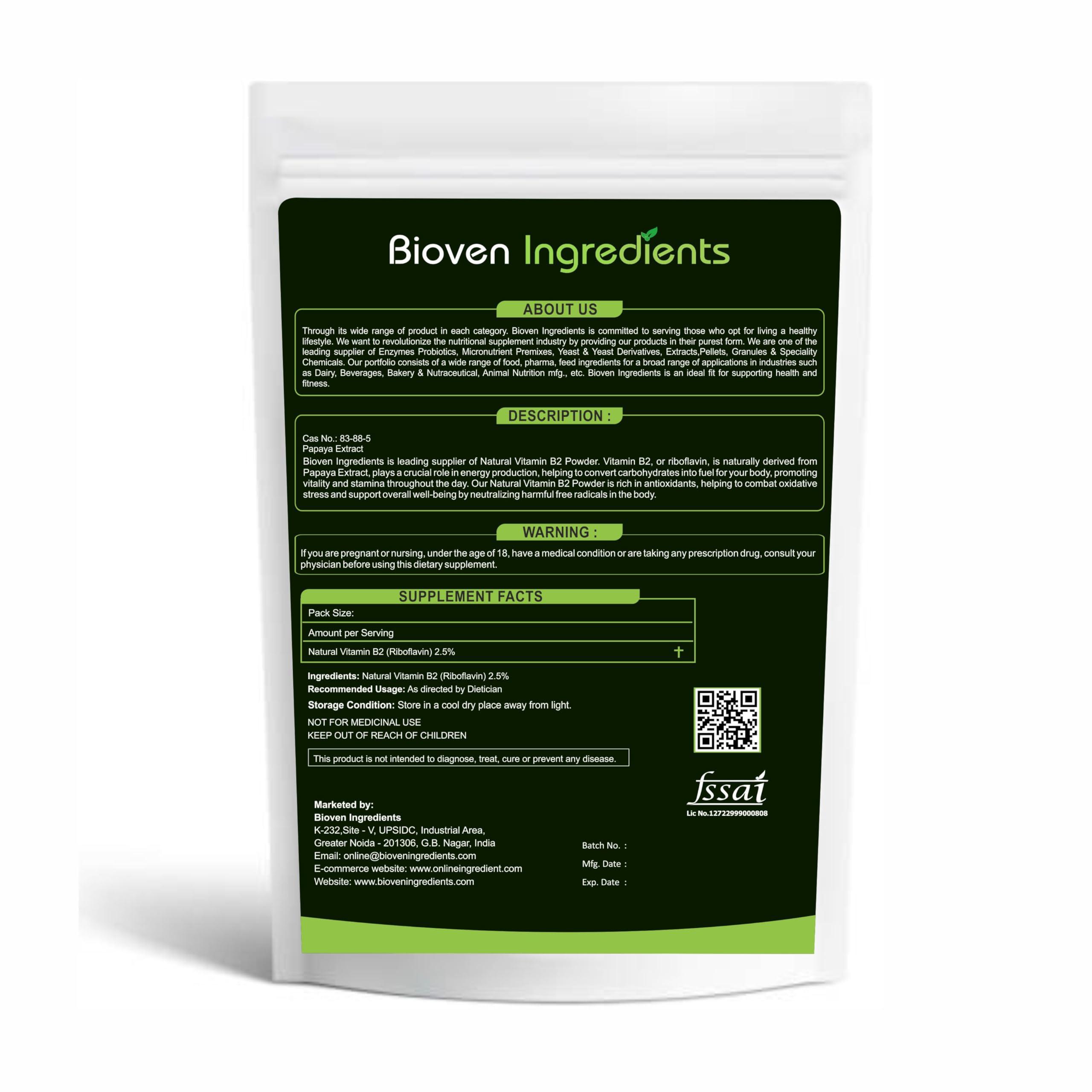 Bioven Natural Vitamin B2 Riboflavin Powder, Derived from 100% Natural & Organic Papaya Extract by Bioven Ingredients, Non-GMO Supplement, No Preservatives, Sugar, Gluten or Dairy Free Powder
