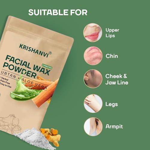 KRISHANVI Facial Hair Removal Wax Powder with Ubtan & Aloevera, Painless Herbal Facial Hair Remover Waxing Powder for Women No Harmful Chemicals, No Irritation, No Skin Rashes - 100 gm