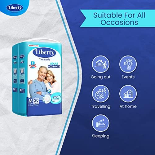 Liberty Liberty Eco Adult Diaper Pants, Medium (M) Size, 20 Count, Waist Size (61-115cm | 24-45 inches), Unisex, High Absorbency, Leak Proof, Overnight Protection, Pack of 2